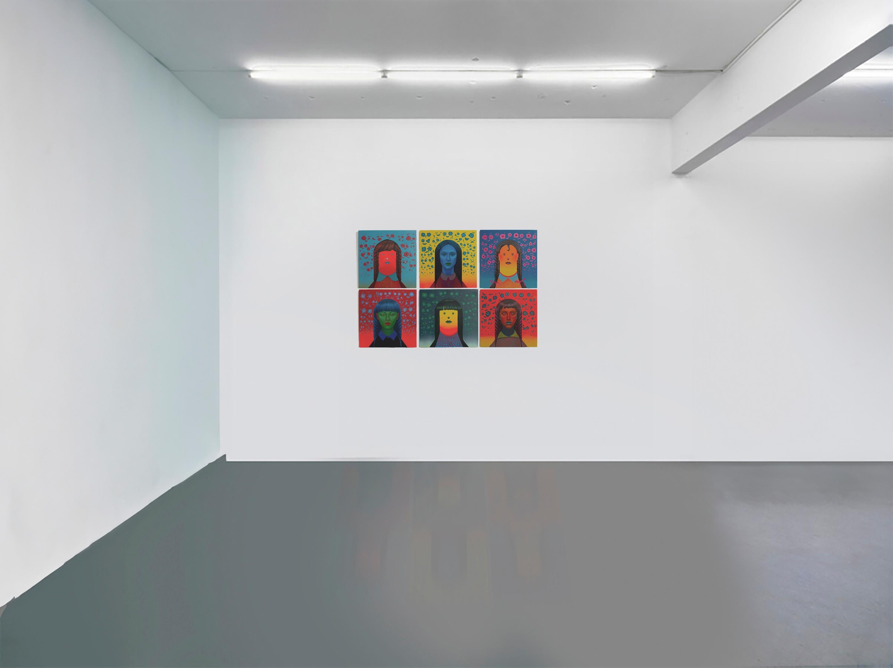 Retrato amarillo y rojo con pelo verde - Pintura acrílica surrealista pop, 2024 en venta 3