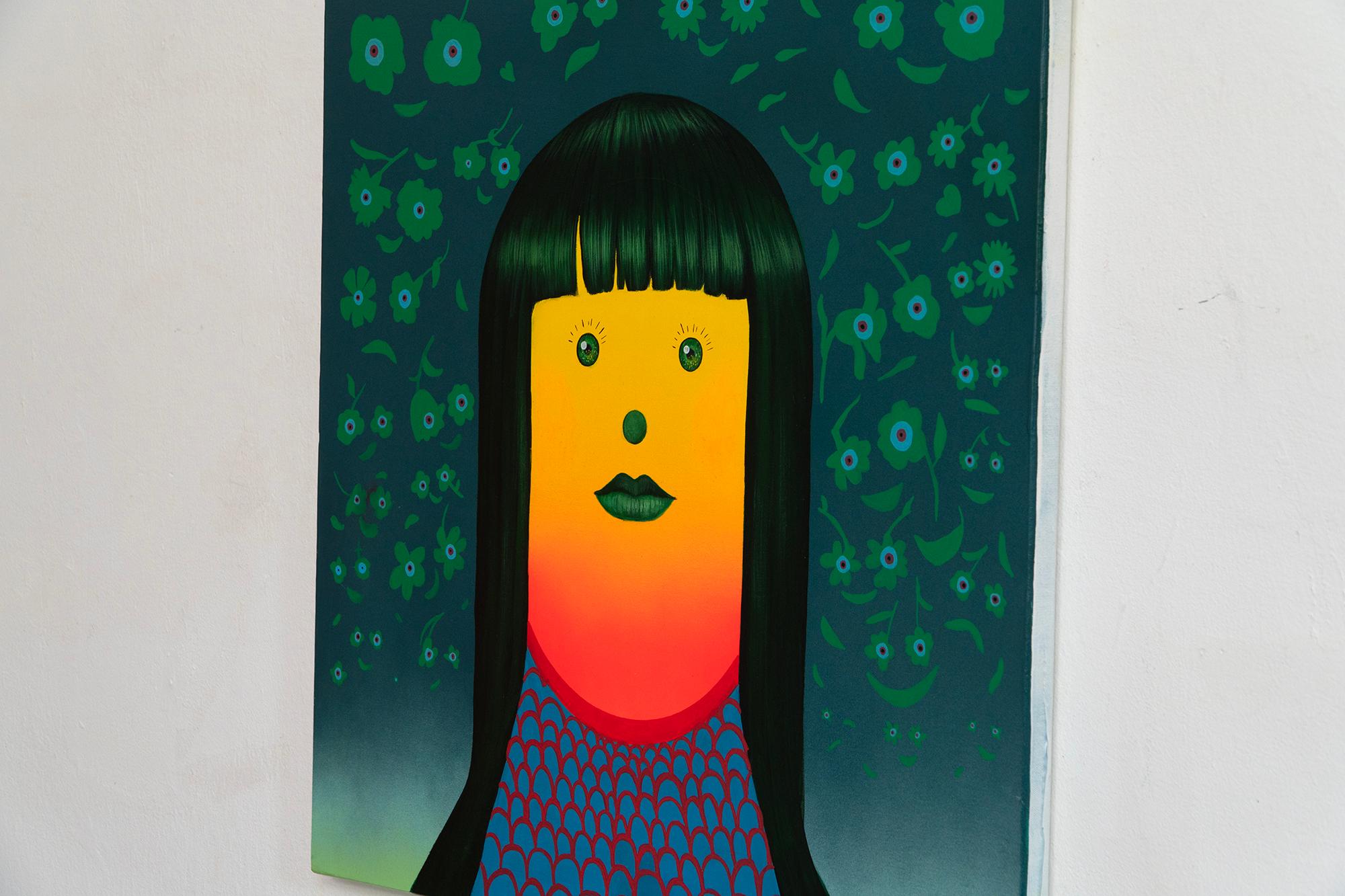 Retrato amarillo y rojo con pelo verde - Pintura acrílica surrealista pop, 2024 en venta 4