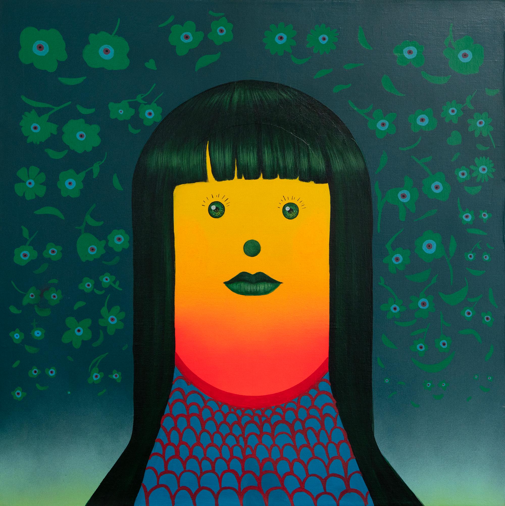 Ritratto giallo e rosso con capelli verdi - Pittura acrilica pop surrealista, 2024