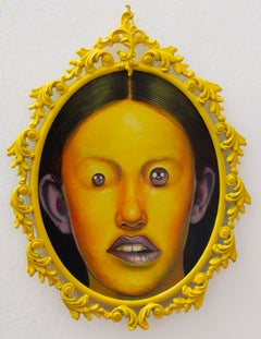 Yellow Emoji Acrylic and Spray Portrait with Ornate Yellow Metal Frame