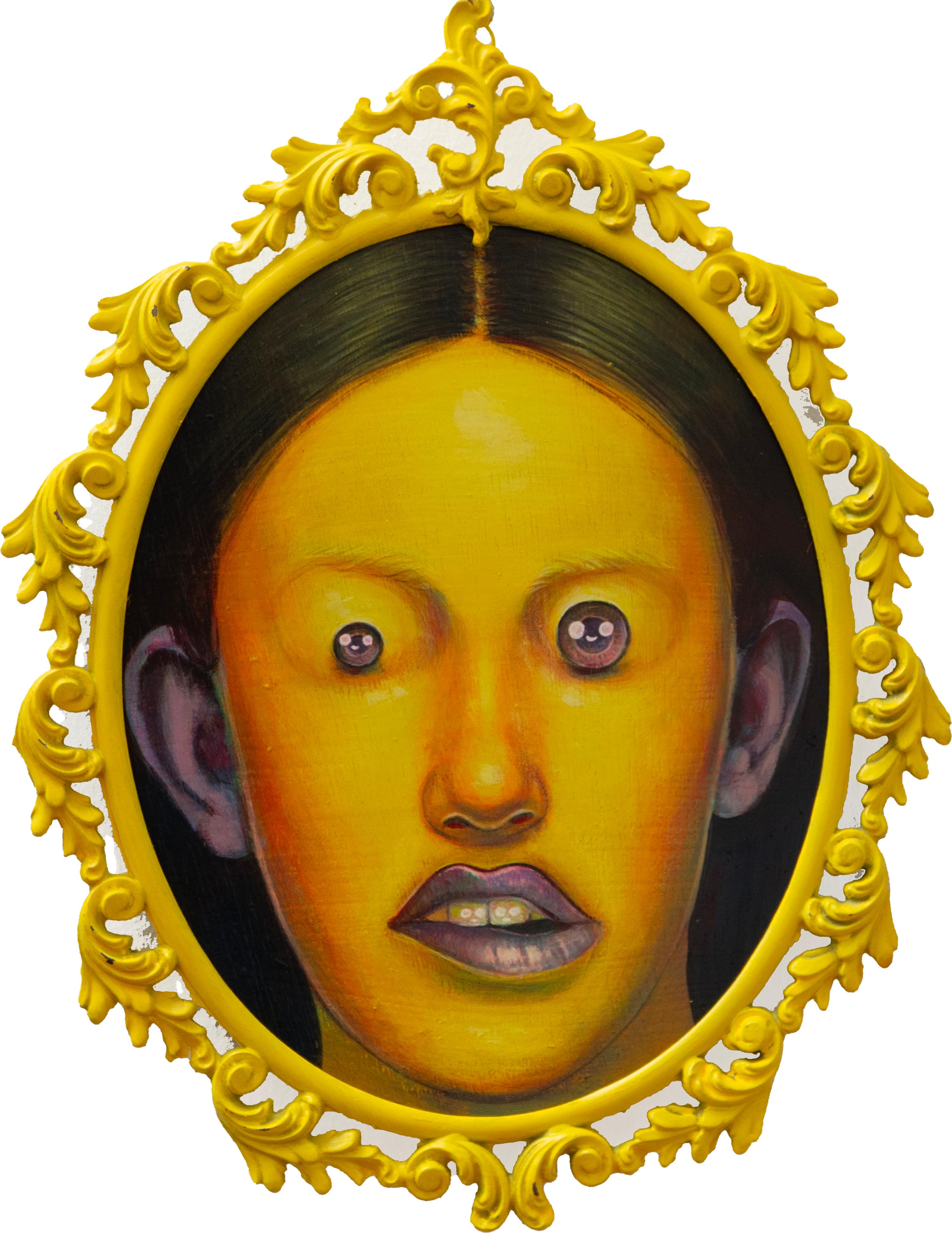 Figurative Painting Natasha Lelenco - Portrait en acrylique et spray Emoji jaune avec cadre en métal jaune orné