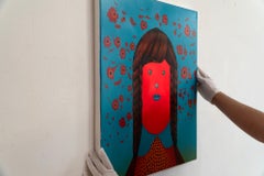 Red Braided Female Portrait with Flowers, Pop Art Acrylic on Canvas