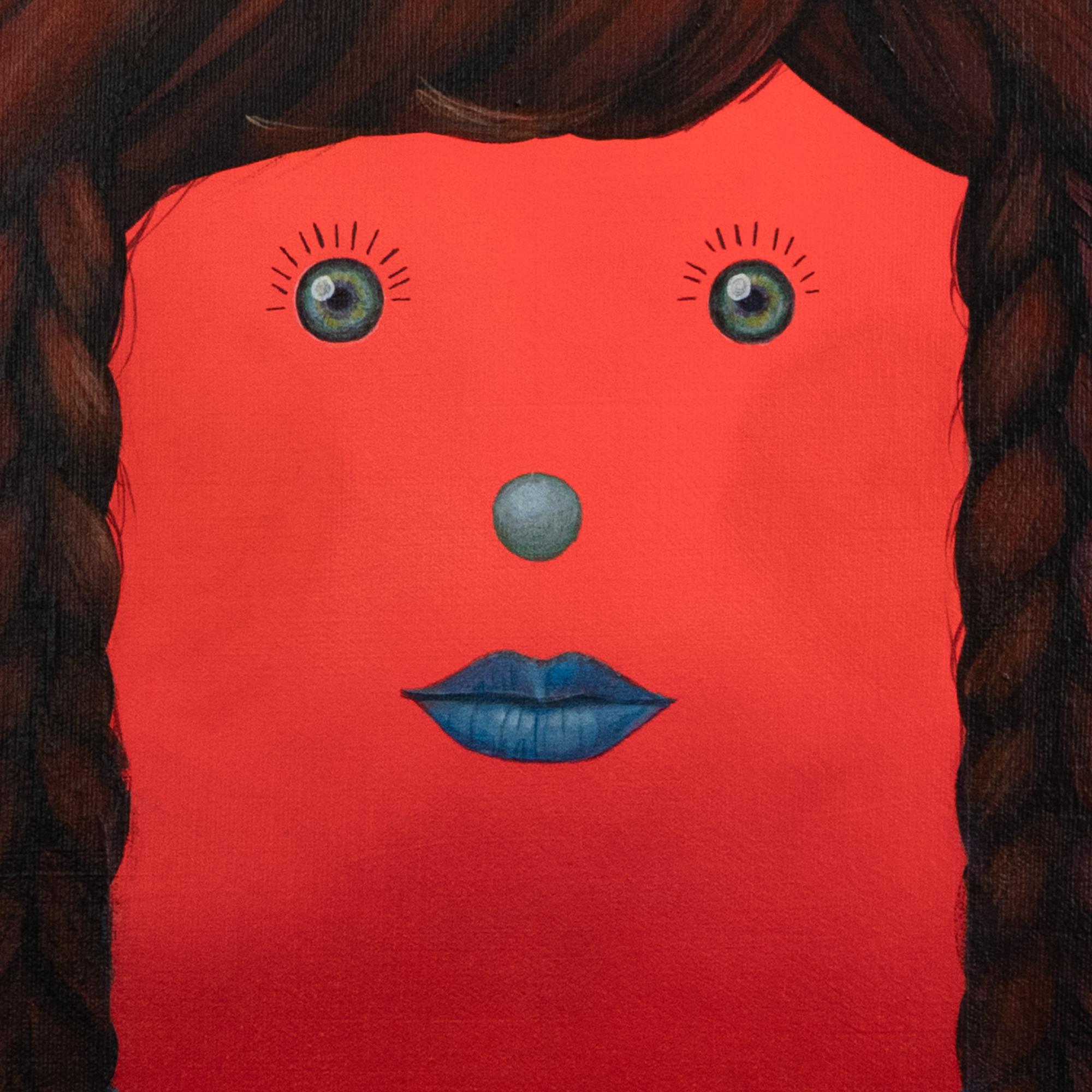 Este estilizado retrato presenta una figura central con el rostro de color rojo vivo y el pelo castaño trenzado, sobre un fondo azul turquesa. Alrededor de la figura hay flores rojas decorativas, algunas representadas humorísticamente como pequeñas