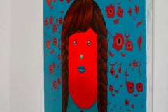 Pop Surreal Red Portrait Painting in Acrylic, Braided Hair, Floral Motifs, 55cm