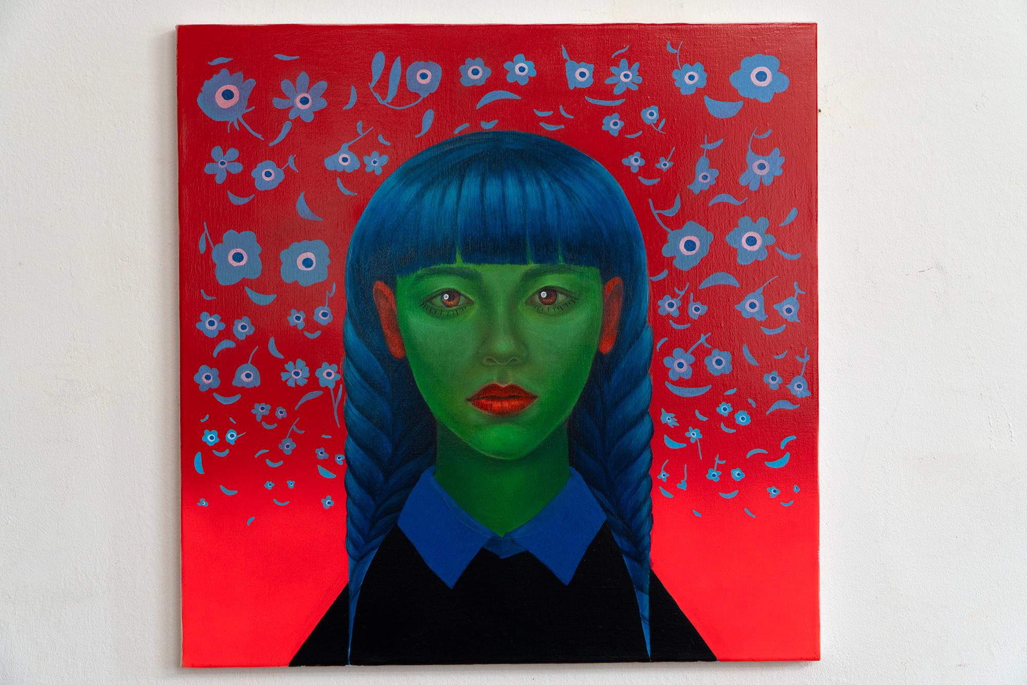 Tú eres el elegido. Retrato surrealista verde con motivos florales sobre lienzo rojo, 2024 - Painting Arte pop de Natasha Lelenco