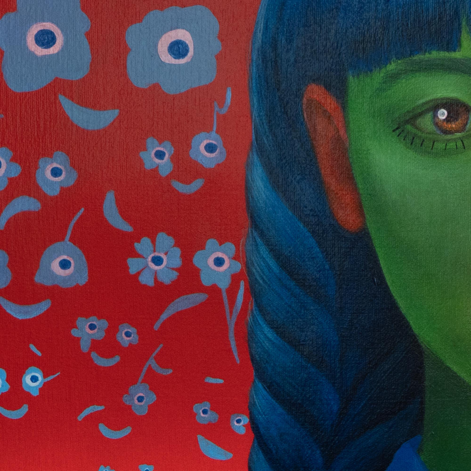 Este cuadro contemporáneo, que forma parte de la serie You Are the One de Natasha Lelenco, presenta una figura de rostro verde vivo con un llamativo pelo trenzado azul, sobre un atrevido fondo rojo. Los labios rojos y la intensa mirada del sujeto