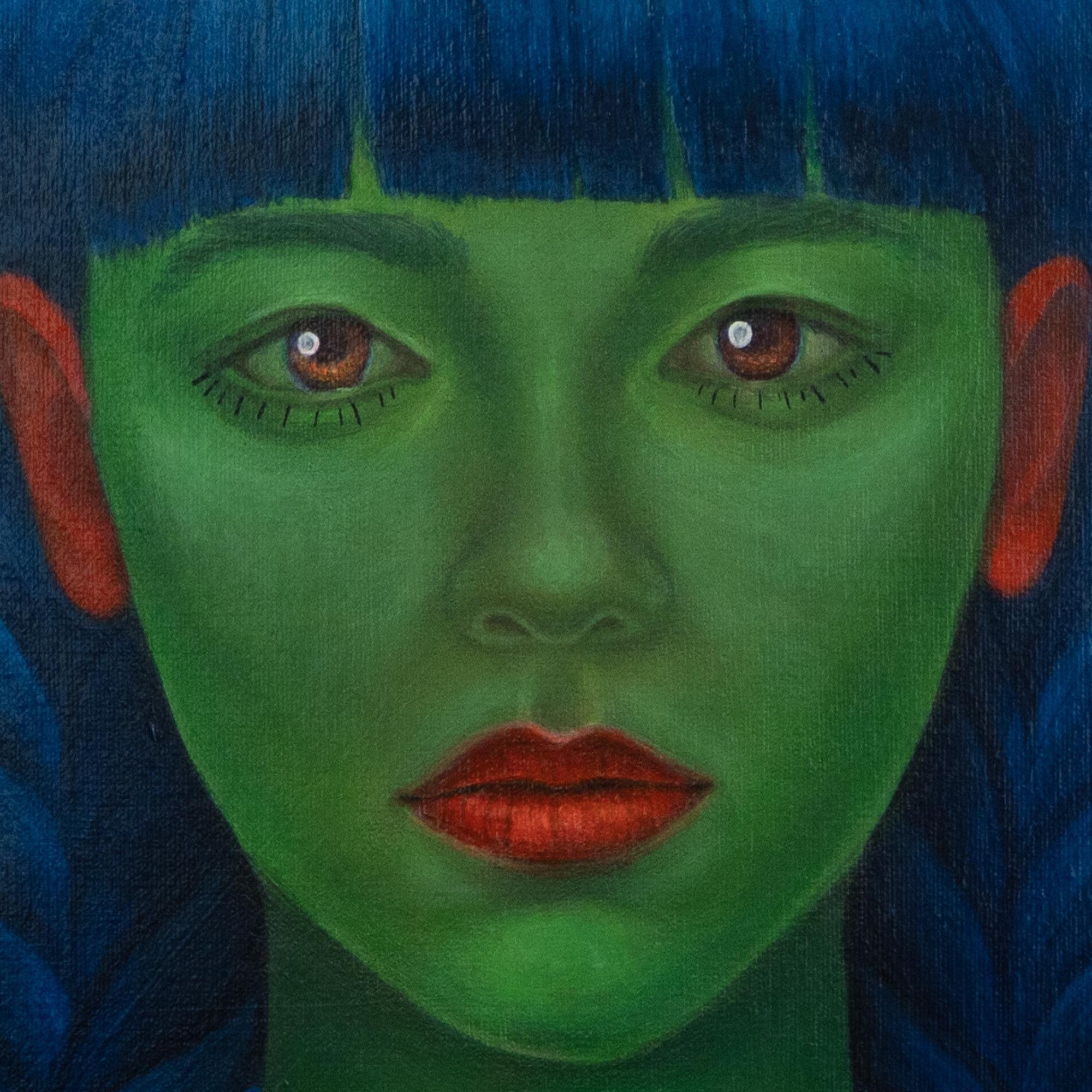 Tú eres el elegido. Retrato surrealista verde con motivos florales sobre lienzo rojo, 2024 en venta 1
