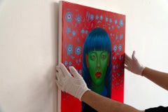 Green Face and Blue Hair, Colorful Avatar Style Figurative Portrait Painting