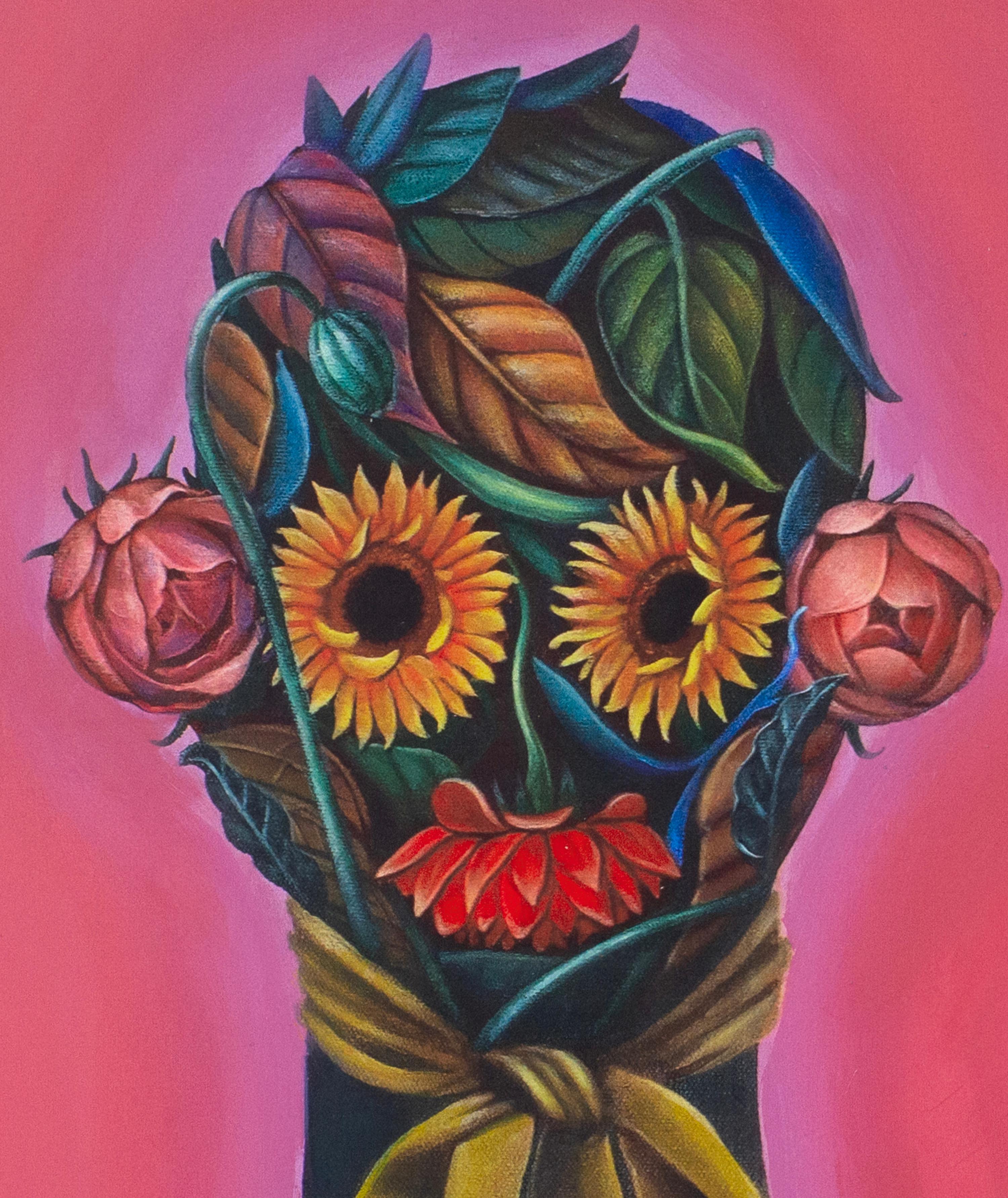 Ritratto floreale antropomorfo con girasoli. Rosa. Edizione limitata 24/25 - Print di Natasha Lelenco