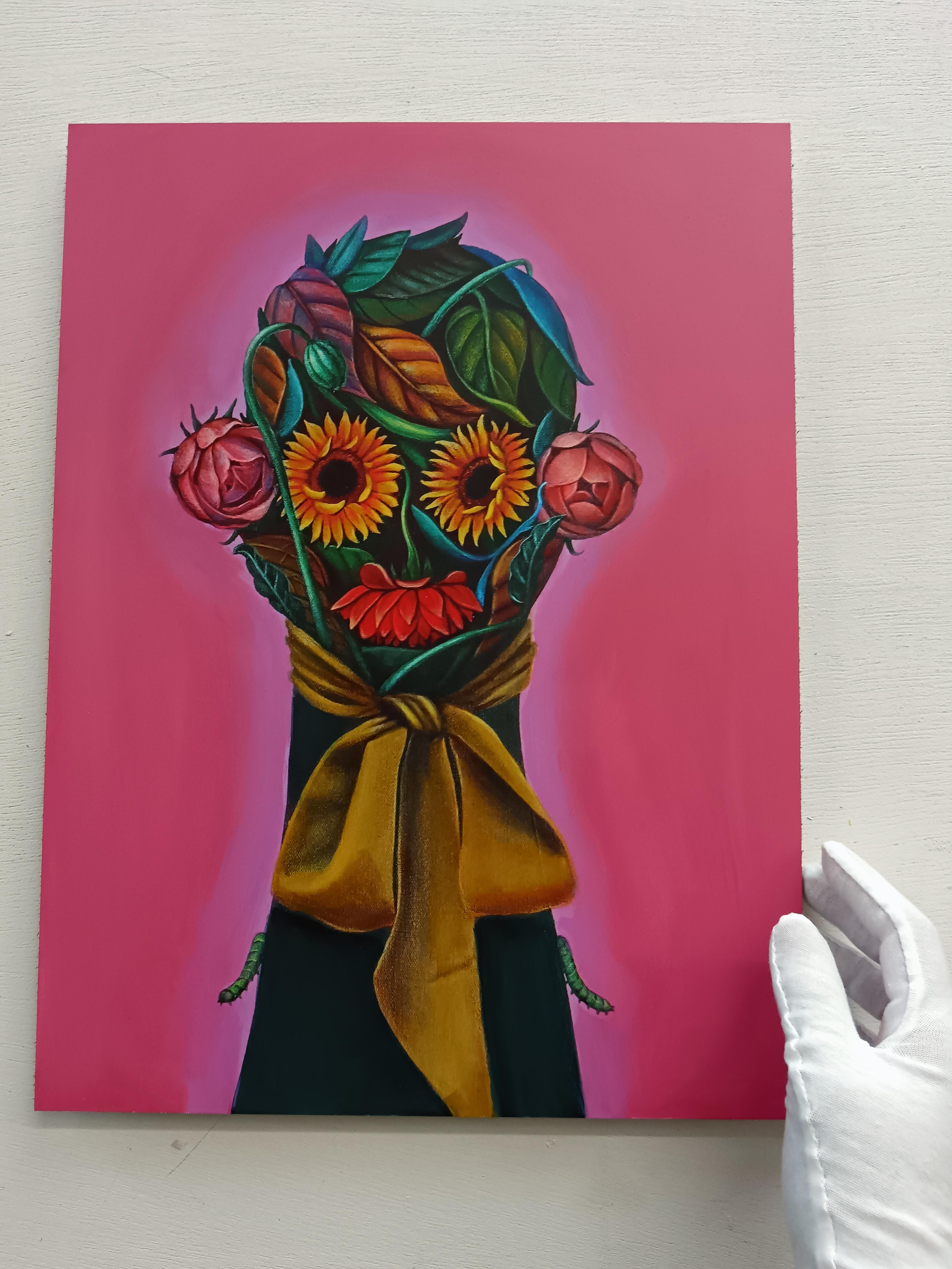 Ritratto floreale antropomorfo con girasoli. Rosa. Edizione limitata 24/25 - Print Contemporaneo di Natasha Lelenco