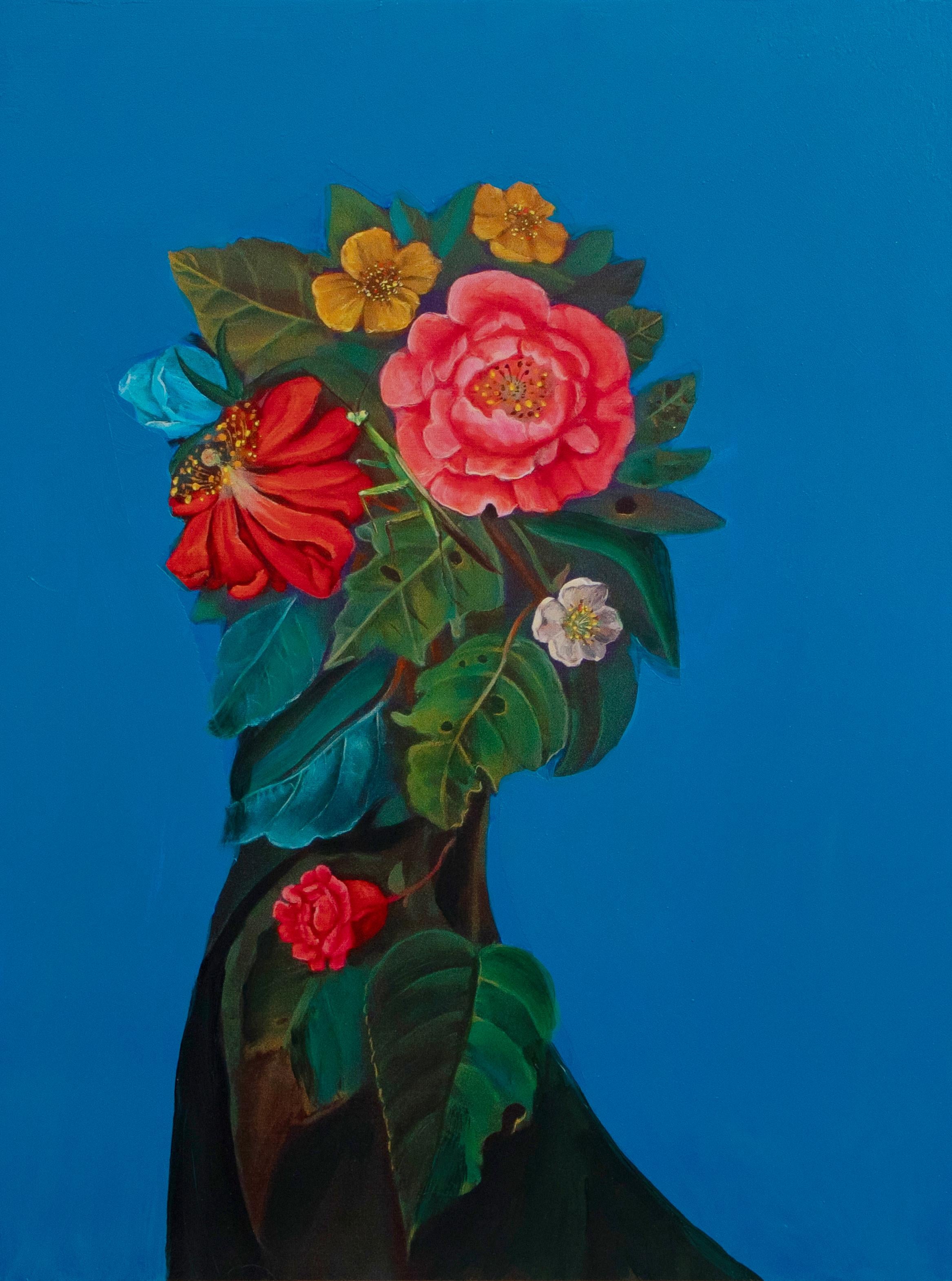 Blaue botanische Figur Totem Portrait Zeitgenössischer UV-Druck auf Dibondplatte