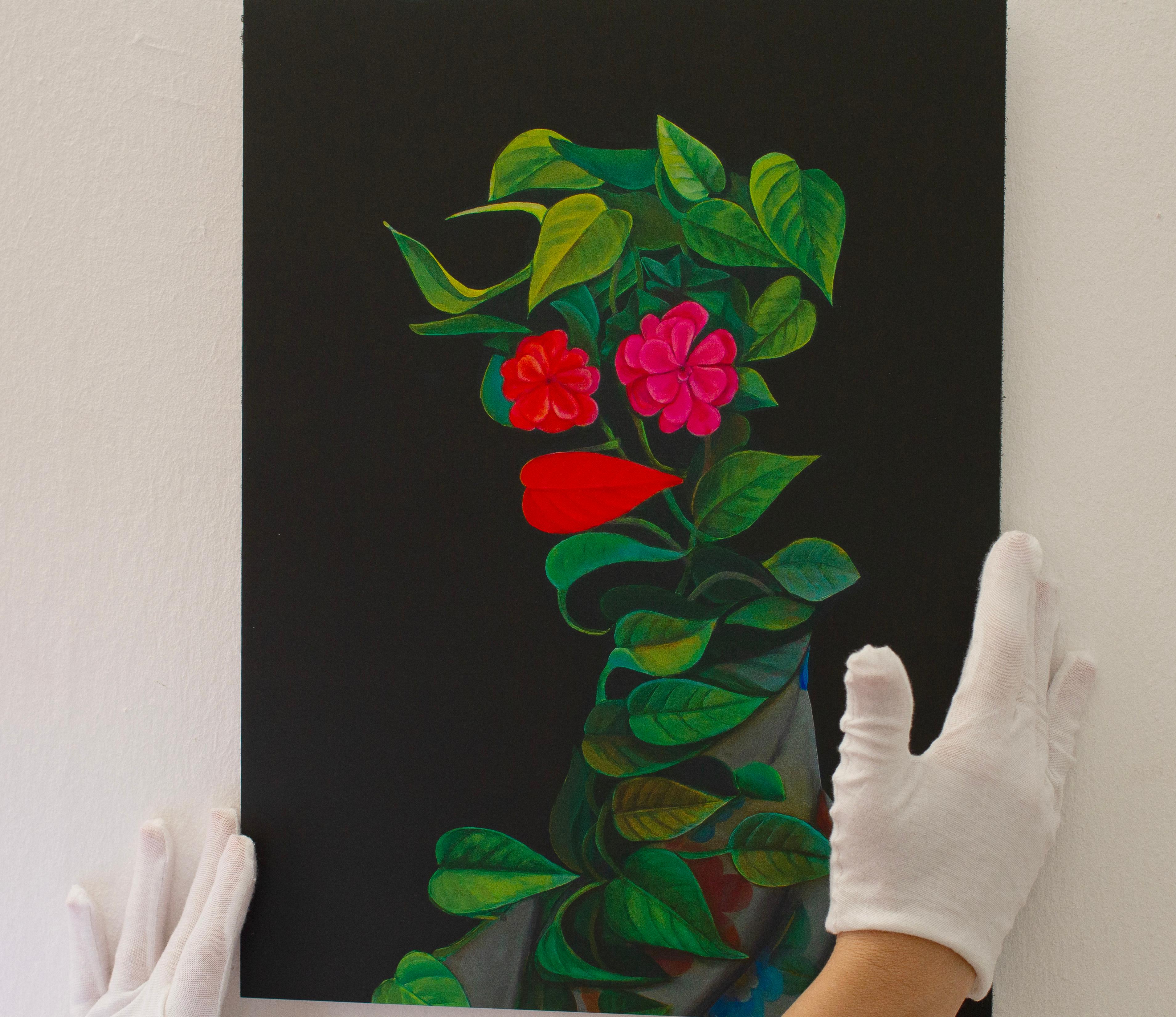 Composition florale avec des fleurs rouges et roses Biophilia. Édition limitée 25/25 - Print de Natasha Lelenco