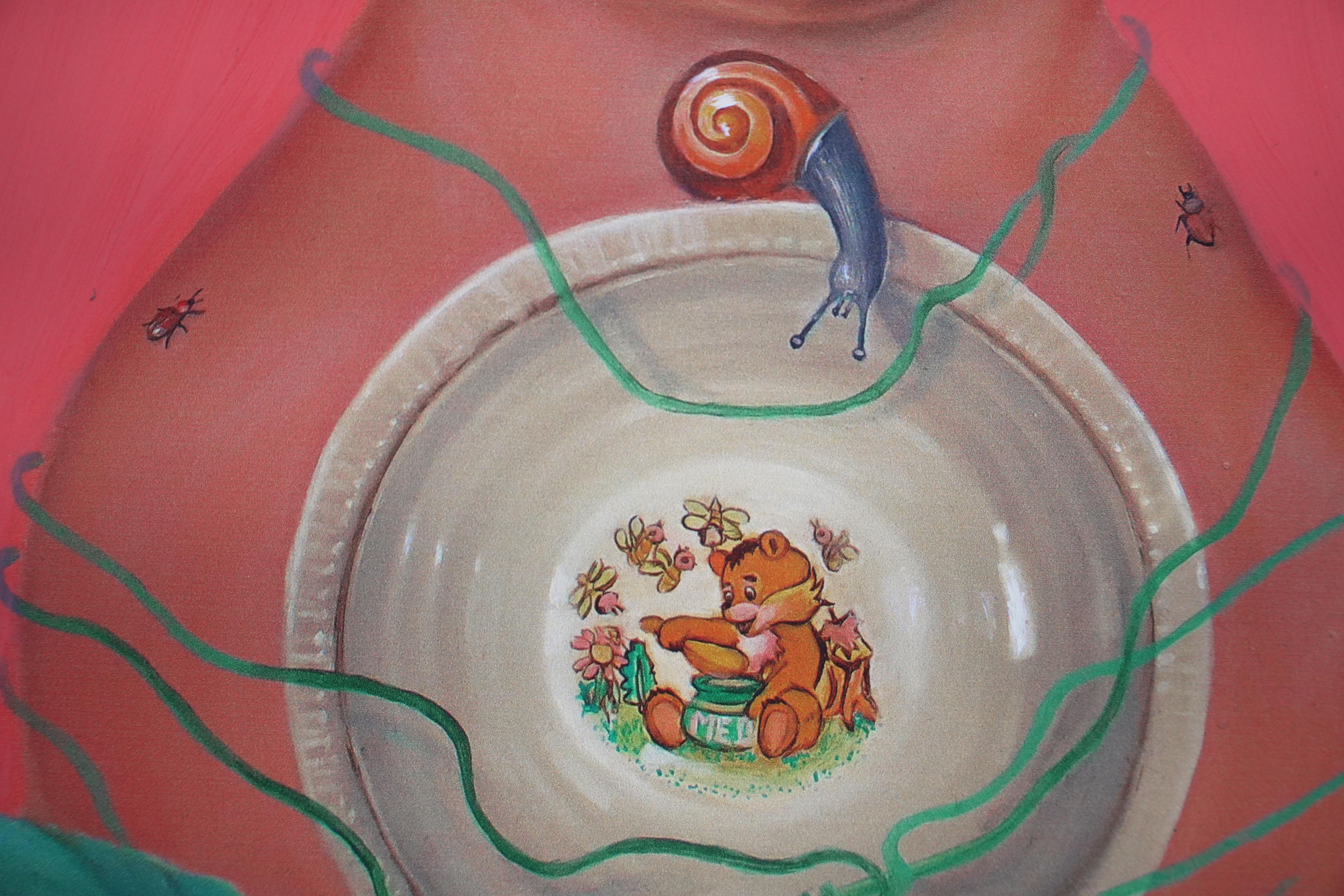 Floral Crown and Snail: Surreal Portrait with Whimsical Details. Lim. Ed. 25/25 - Orange Figurative Print by Natasha Lelenco