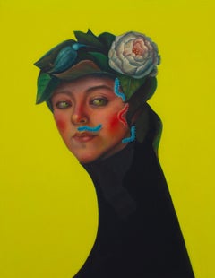 Floral Headdress and Caterpillars Female Portrait. Yellow. Limited Edition 25/25