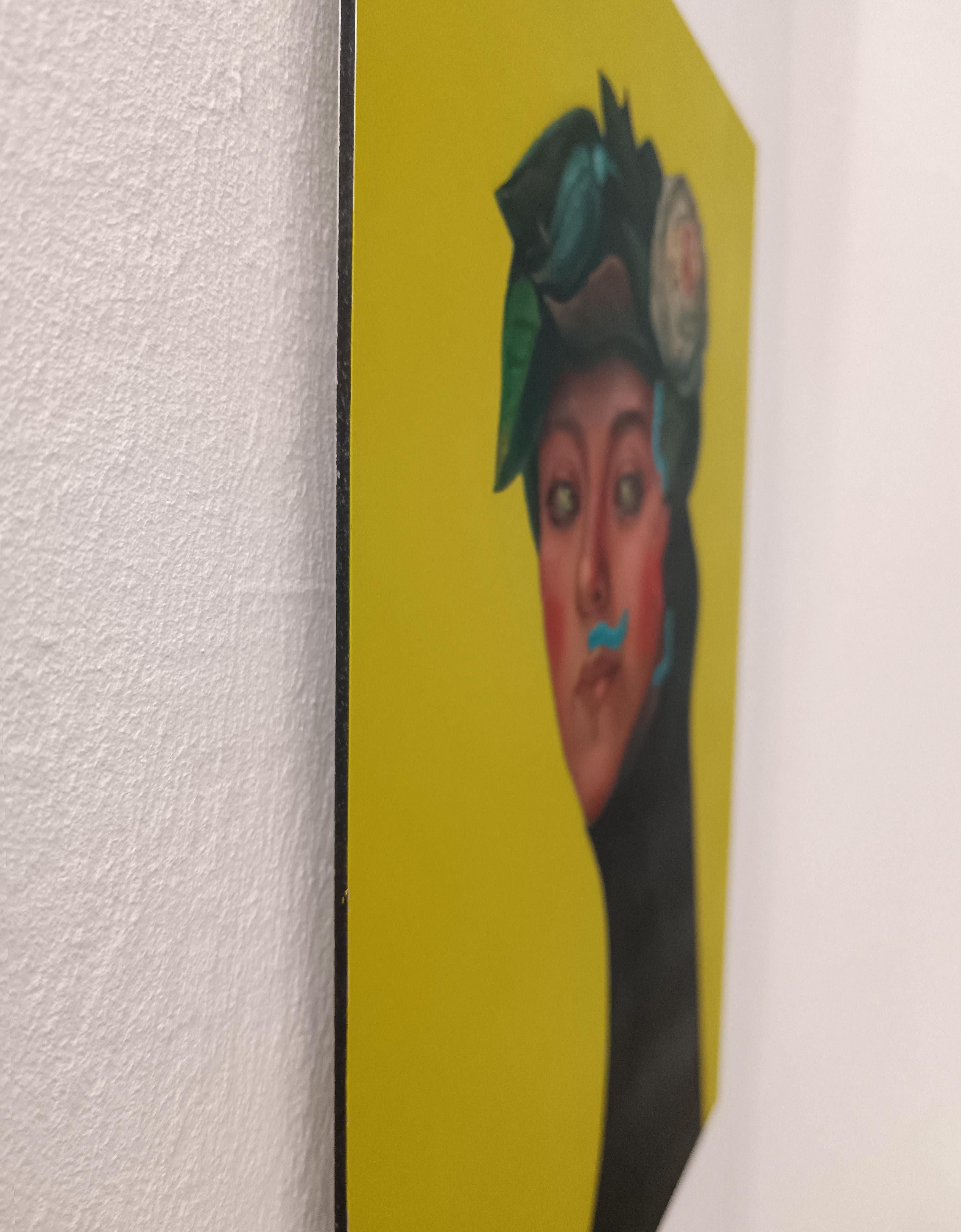 Pop surrealist floral portrait printed on Dibond, featuring botanical headwear, caterpillars, and symbolic facial expression in bold yellow and black contrast. Neznakomka (Russian for “The Stranger”) is a limited edition UV direct print on Dibond by