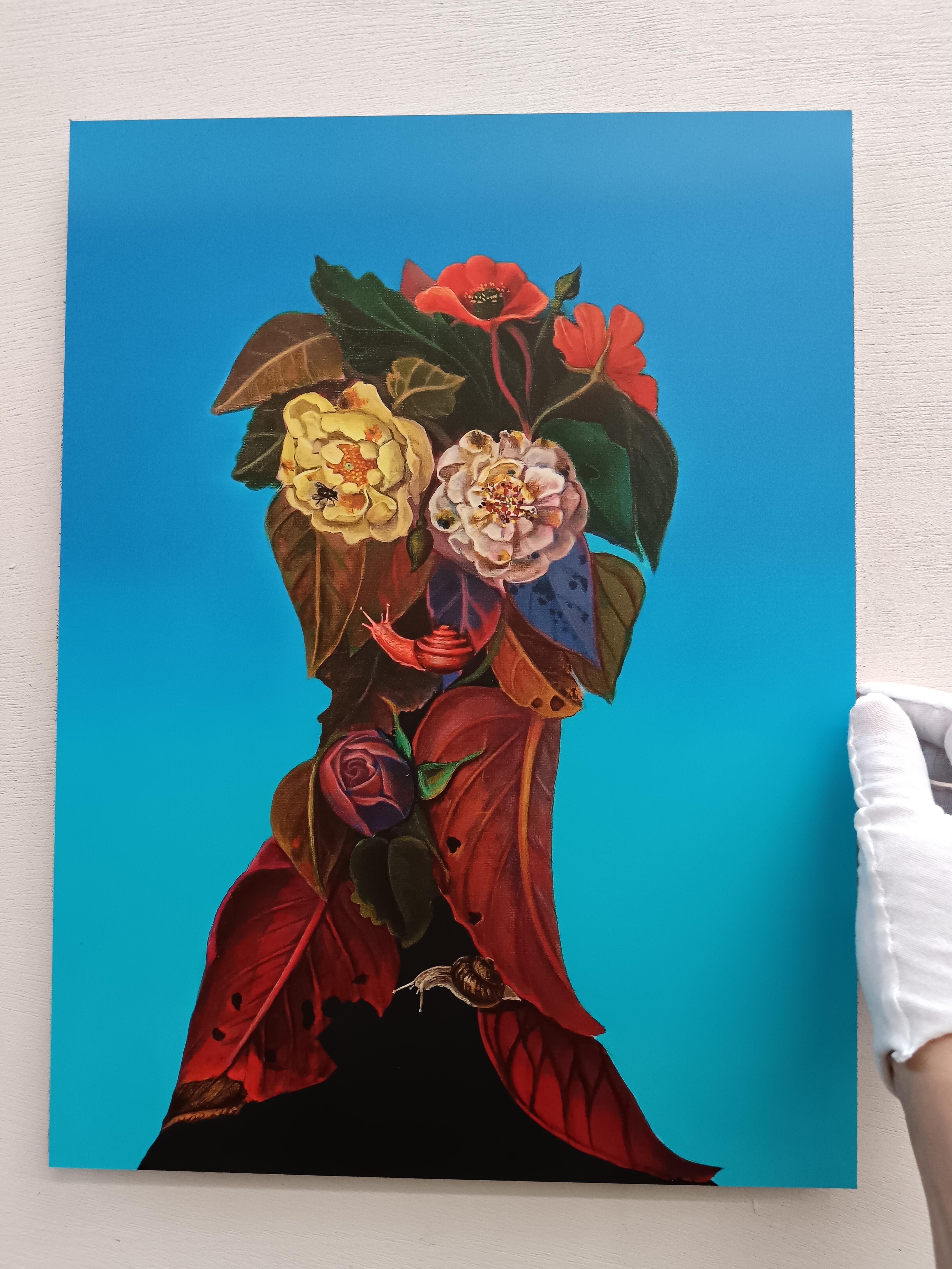 Floral Portrait on Blue Cyan Background with Snails. Limited Edition 25/25 - Print by Natasha Lelenco