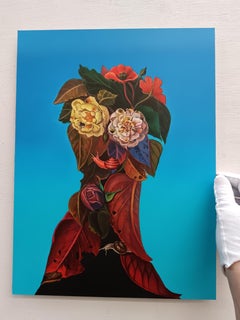 Portrait floral sur fond bleu cyan avec escargots. Édition limitée 25/25