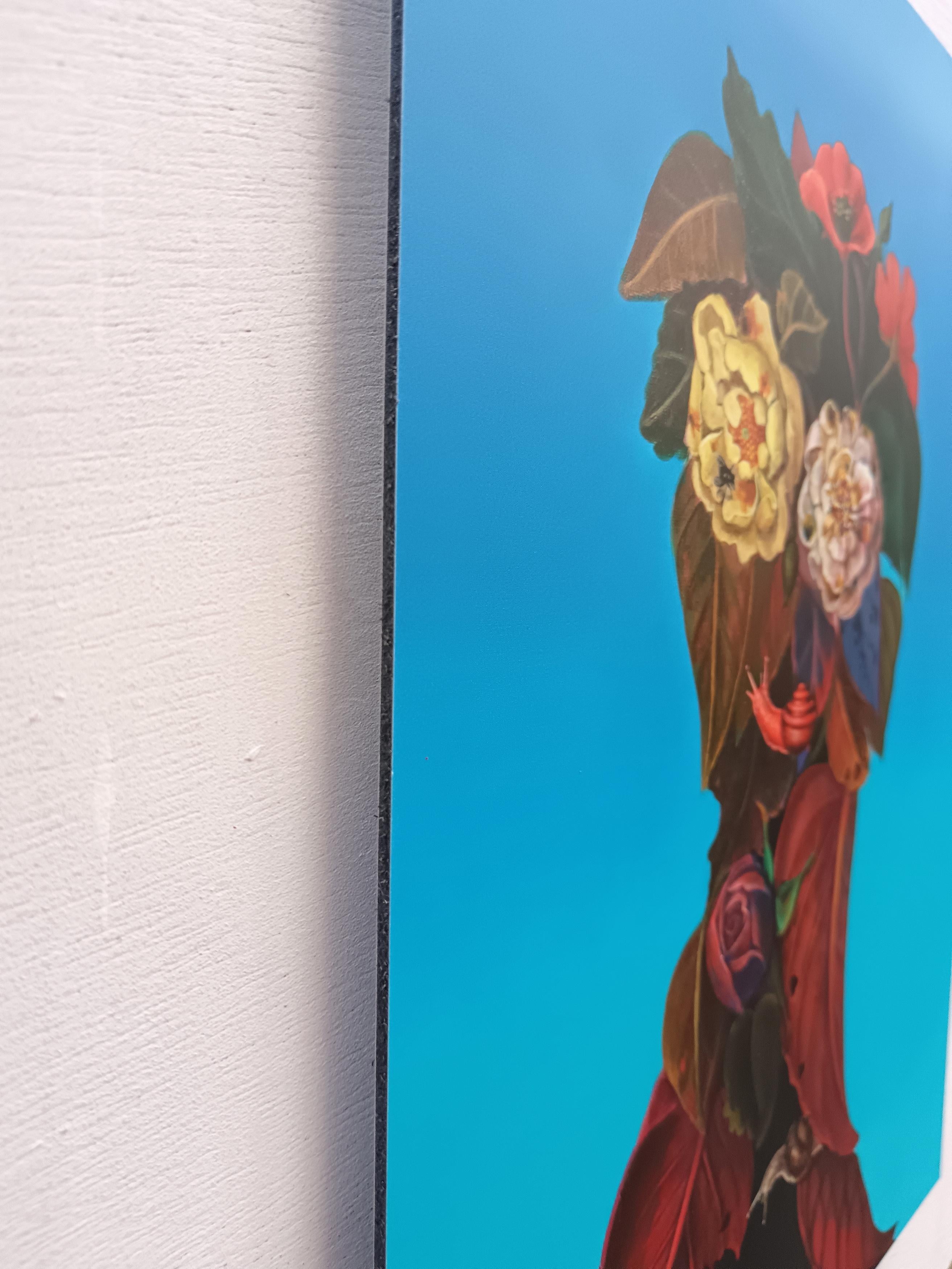 Floral Portrait on Blue Cyan Background with Snails. Limited Edition 25/25 - Contemporary Print by Natasha Lelenco