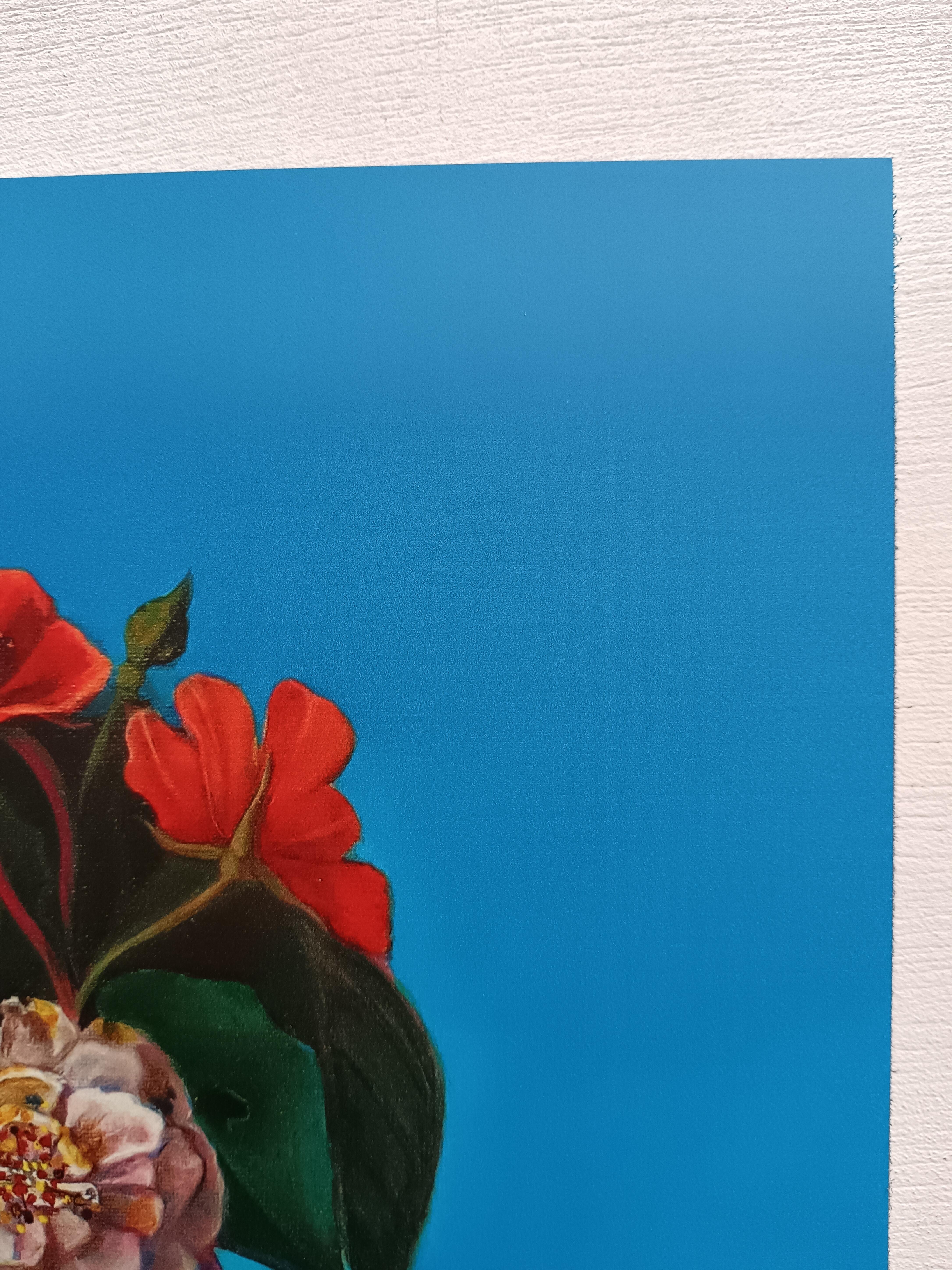 This Floral Headdress with Snails on Blue Background is a limited edition high-quality Dibond direct UV Original Print titled 