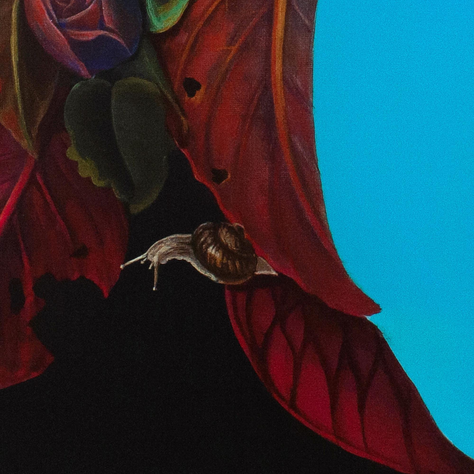 Floral Portrait on Blue Cyan Background with Snails. Limited Edition 25/25 For Sale 2