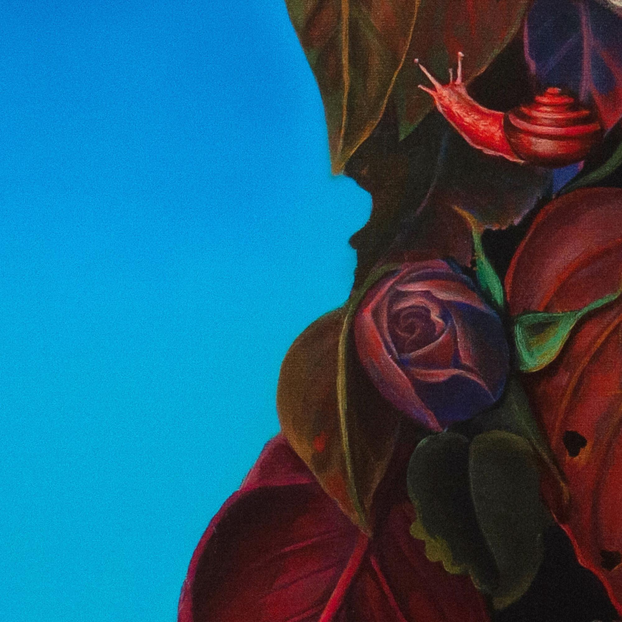 Floral Portrait on Blue Cyan Background with Snails. Limited Edition 25/25 For Sale 3