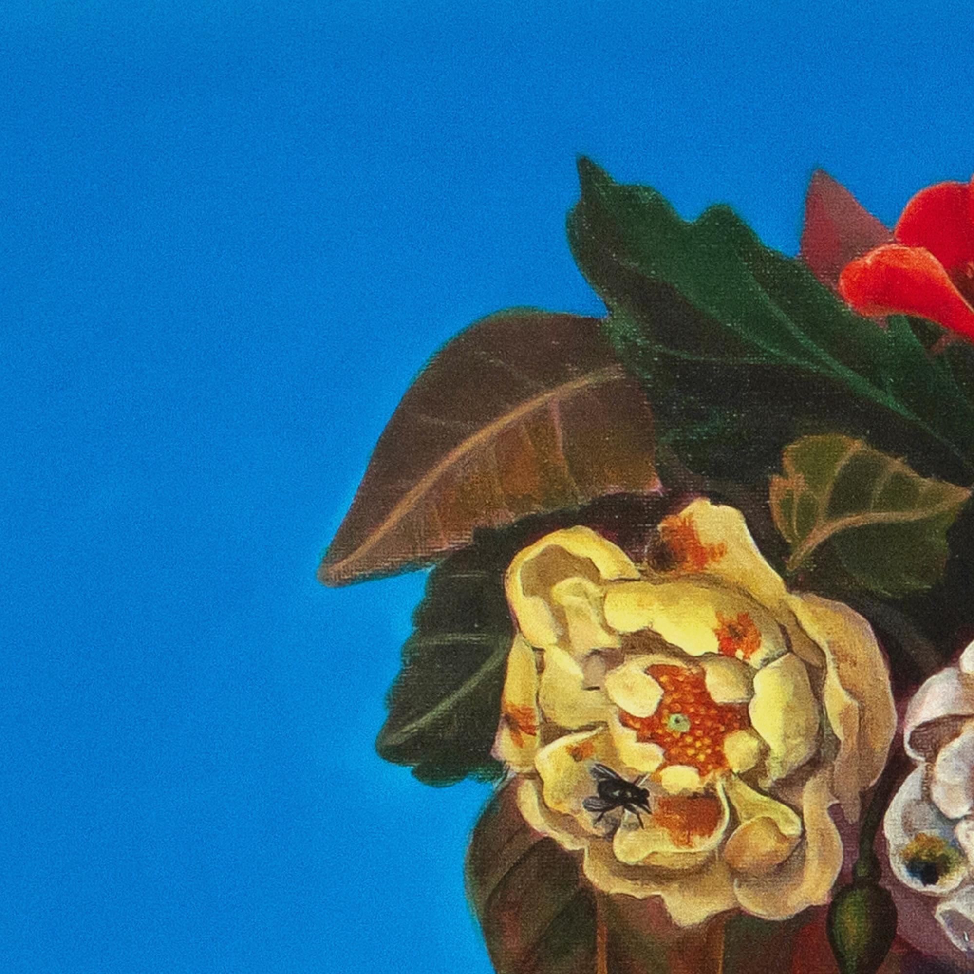 Floral Portrait on Blue Cyan Background with Snails. Limited Edition 25/25 For Sale 4