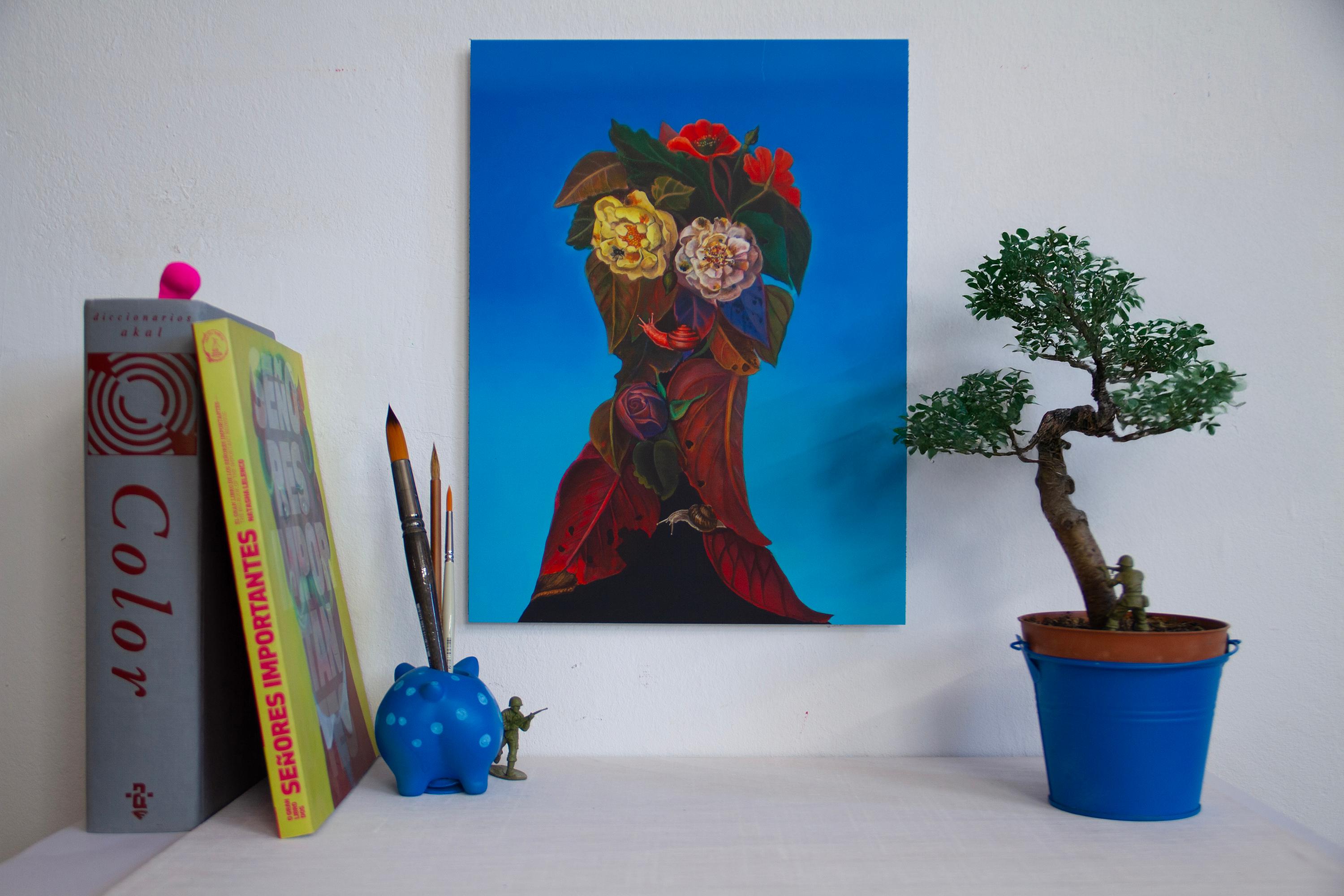 Floral Portrait on Blue Cyan Background with Snails. Limited Edition 25/25 For Sale 5