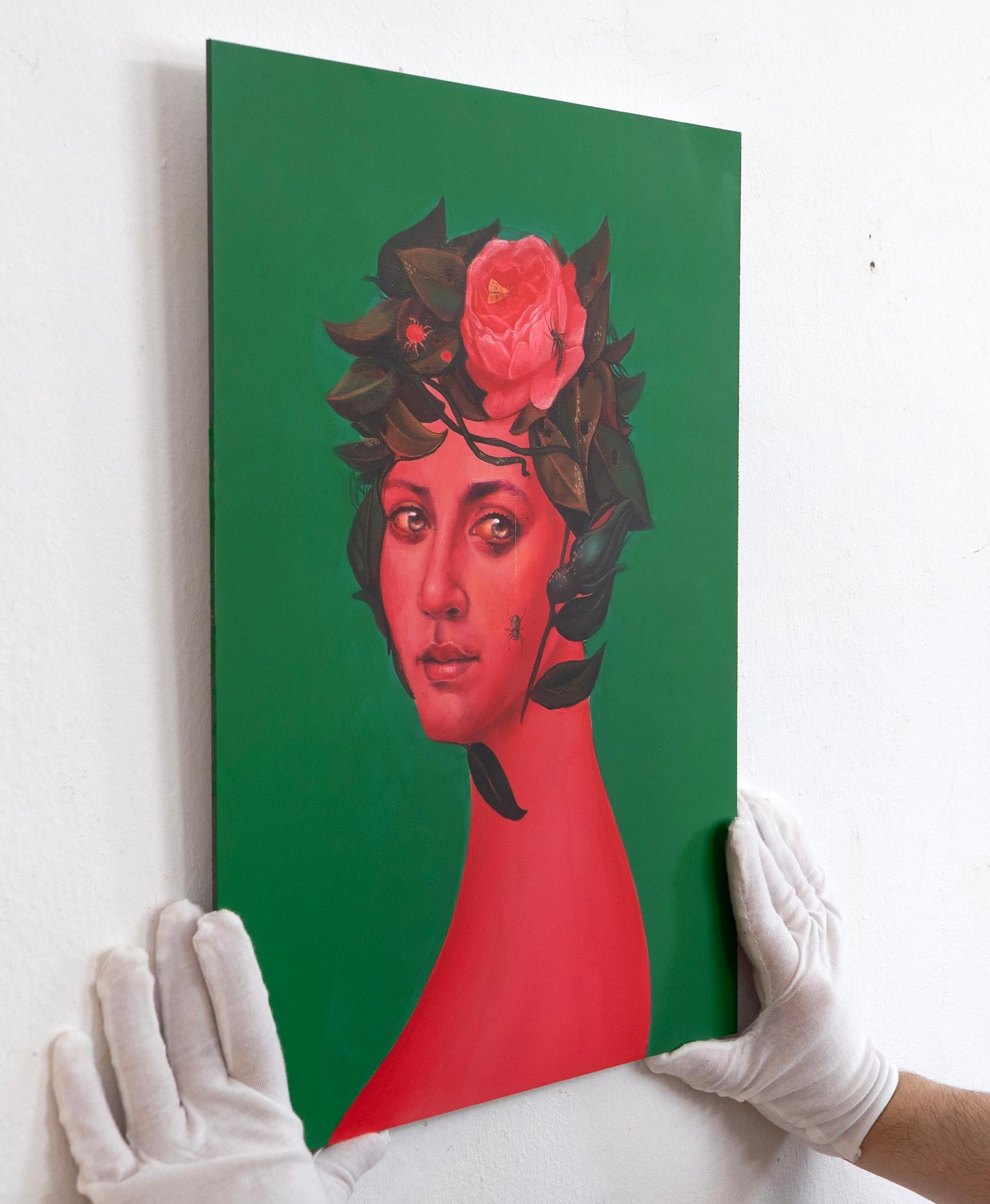 Surrealer floraler Portraitdruck mit Kamelie auf Grün - Limitierte Auflage im Angebot 6