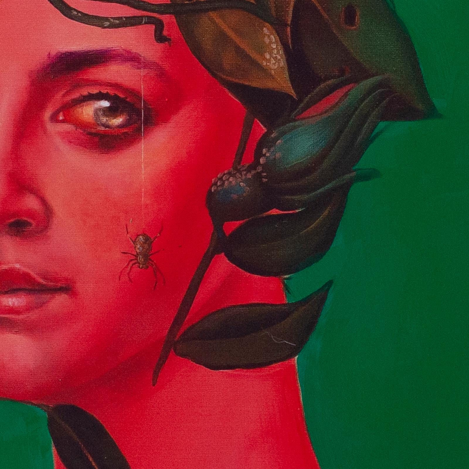 Surrealer floraler Portraitdruck mit Kamelie auf Grün - Limitierte Auflage – Print von Natasha Lelenco