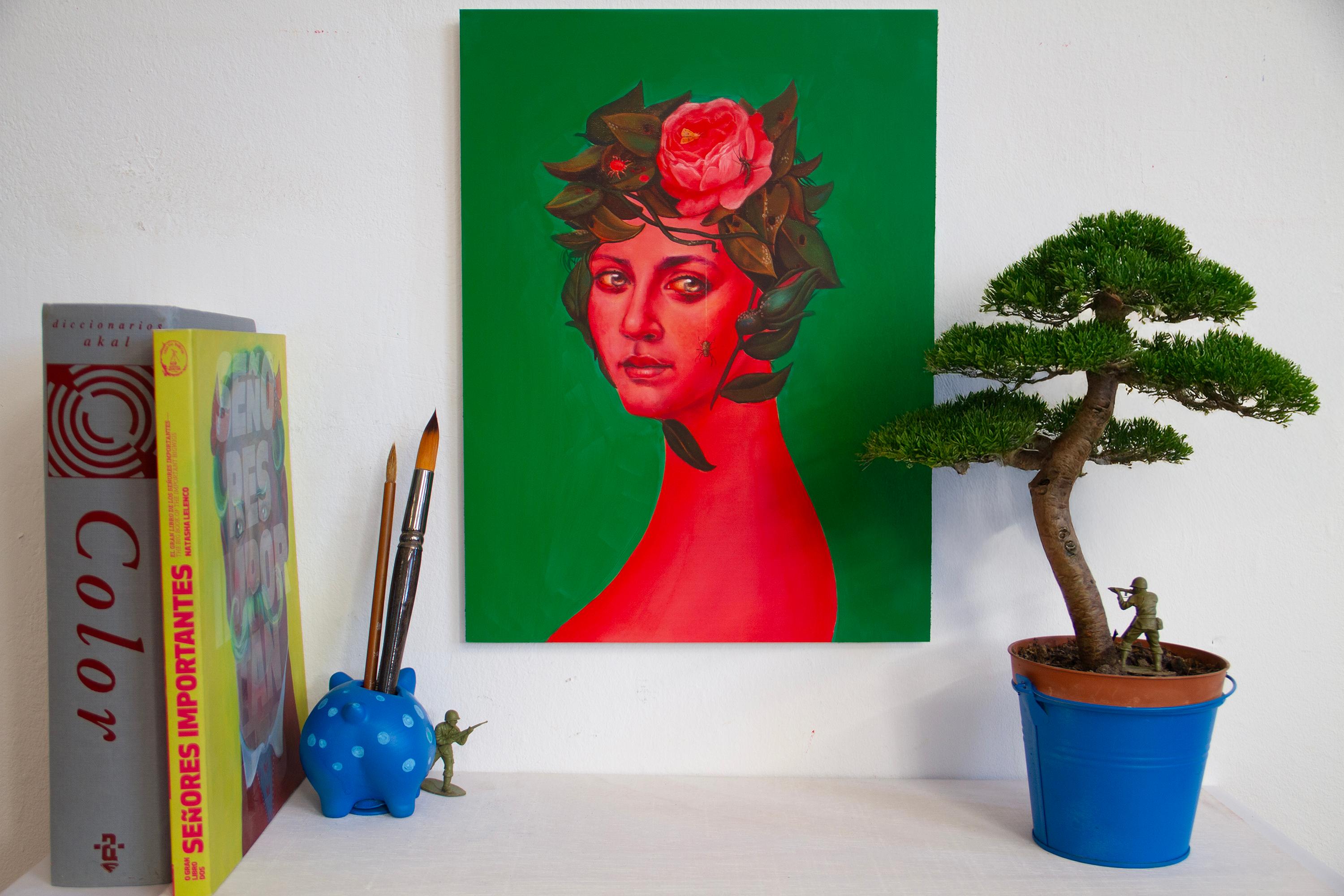 Surrealer floraler Portraitdruck mit Kamelie auf Grün - Limitierte Auflage im Angebot 4