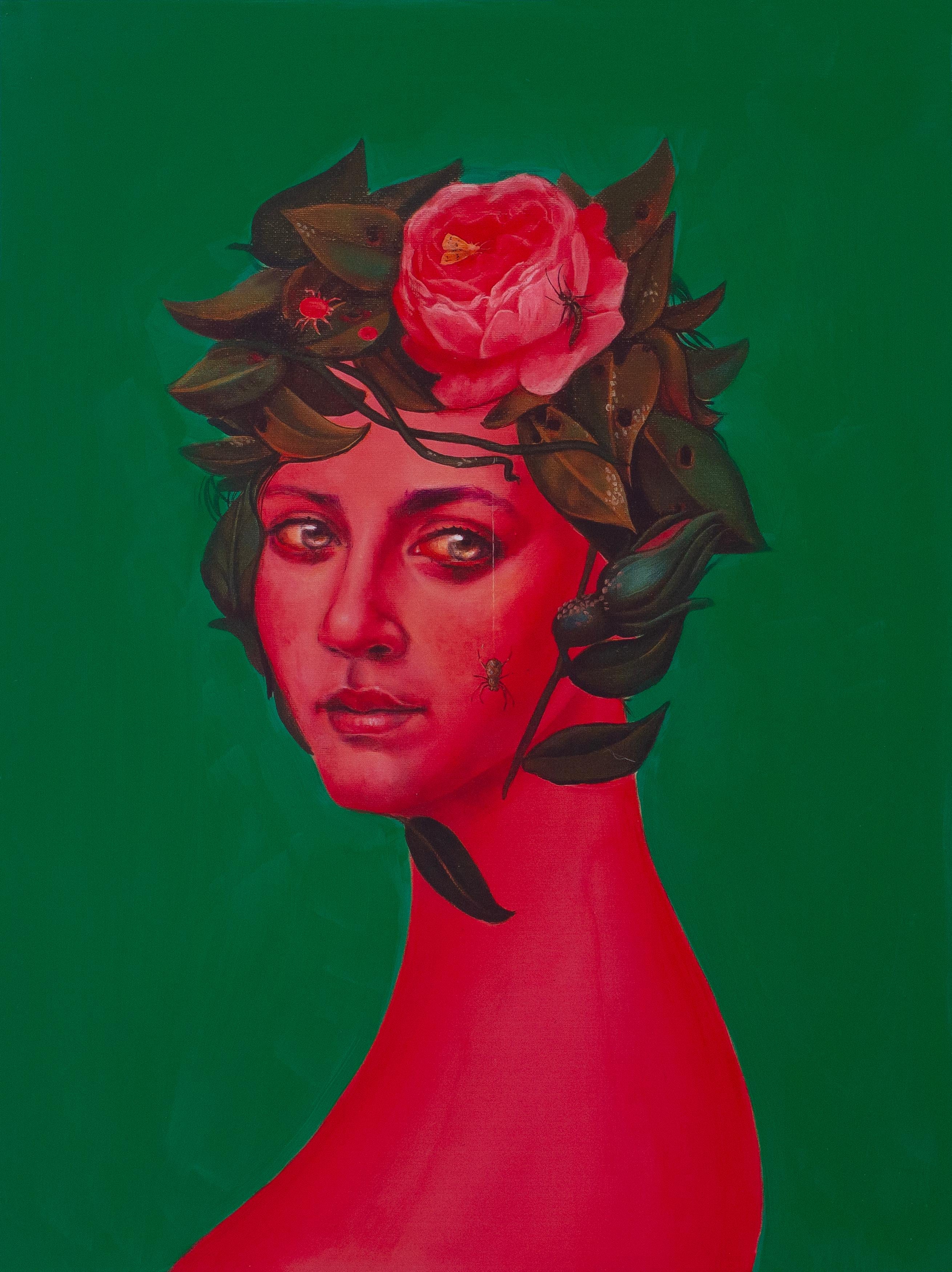 Retrato Surrealista Floral con Camelia sobre Verde - Edición Limitada
