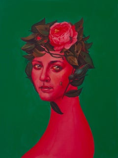 Surreal Floral Portrait Print with Camellia on Green – Limited Edition