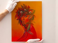 Floral Portrait with Dandelions on Orange Background - Limited Edition Print