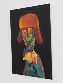 Estampe représentant un portrait botanique surréaliste, avec un bonnet en fourrure orange, sur un panneau Dibond fini à la main