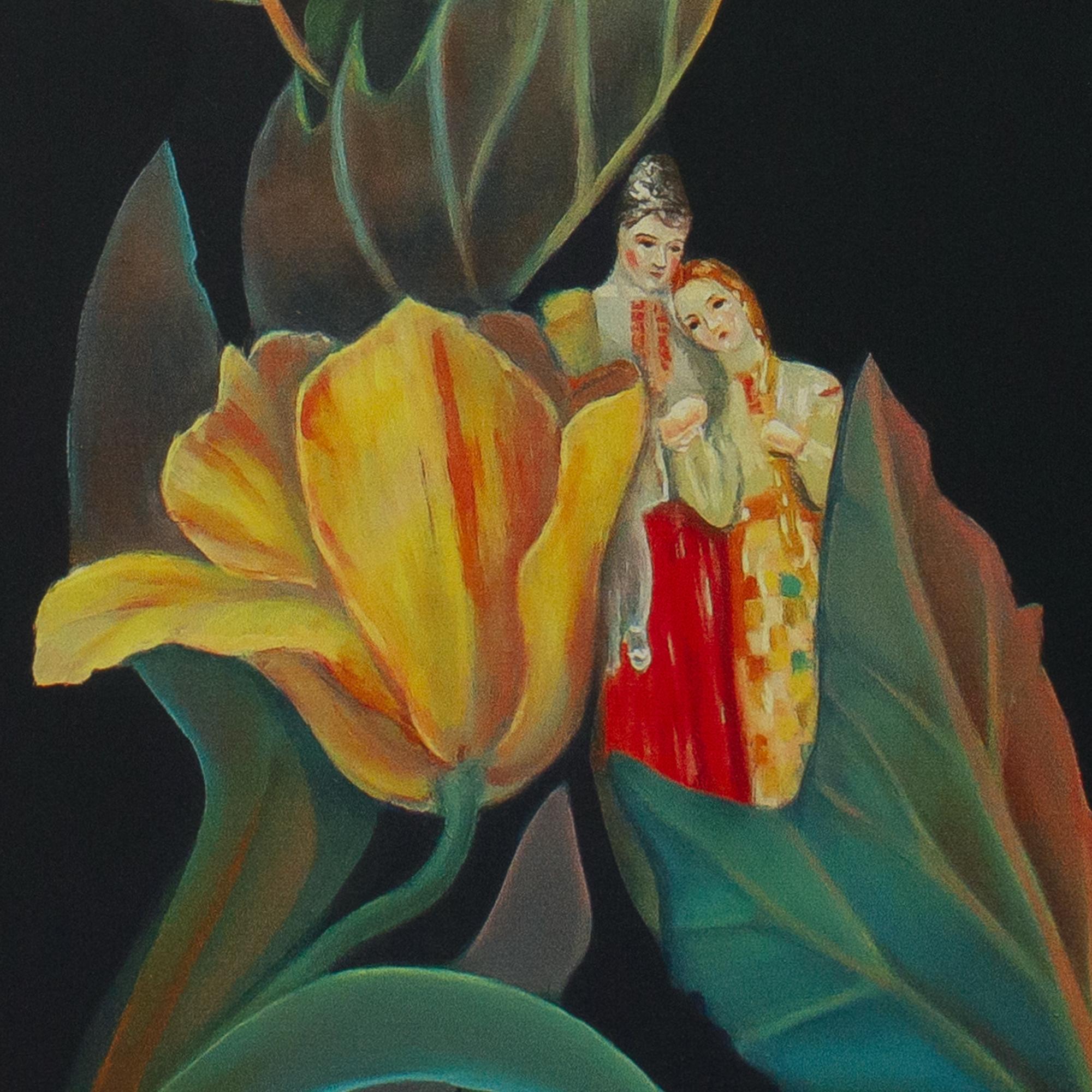 Retrato floral con sombrero de piel sobre fondo negro - Impresión en Dibond de edición limitada en venta 1