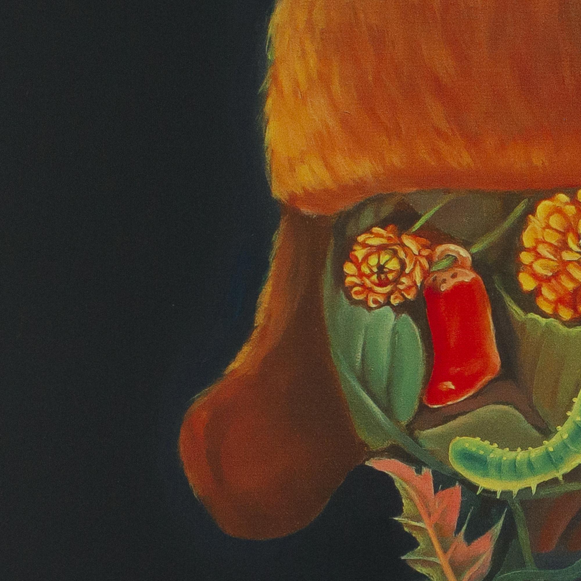 Retrato floral con sombrero de piel sobre fondo negro - Impresión en Dibond de edición limitada en venta 2