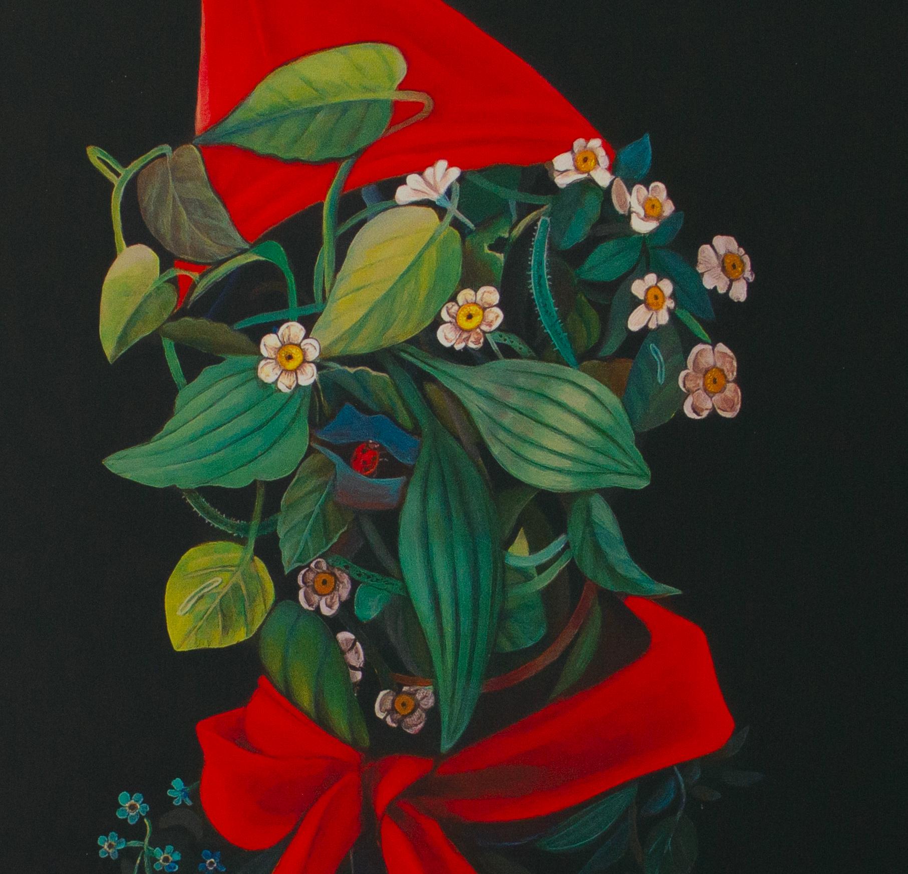 Retrato Floral con Sombrero Rojo y Lazo sobre Fondo Negro. Edición limitada de Dibond - Print Contemporáneo de Natasha Lelenco