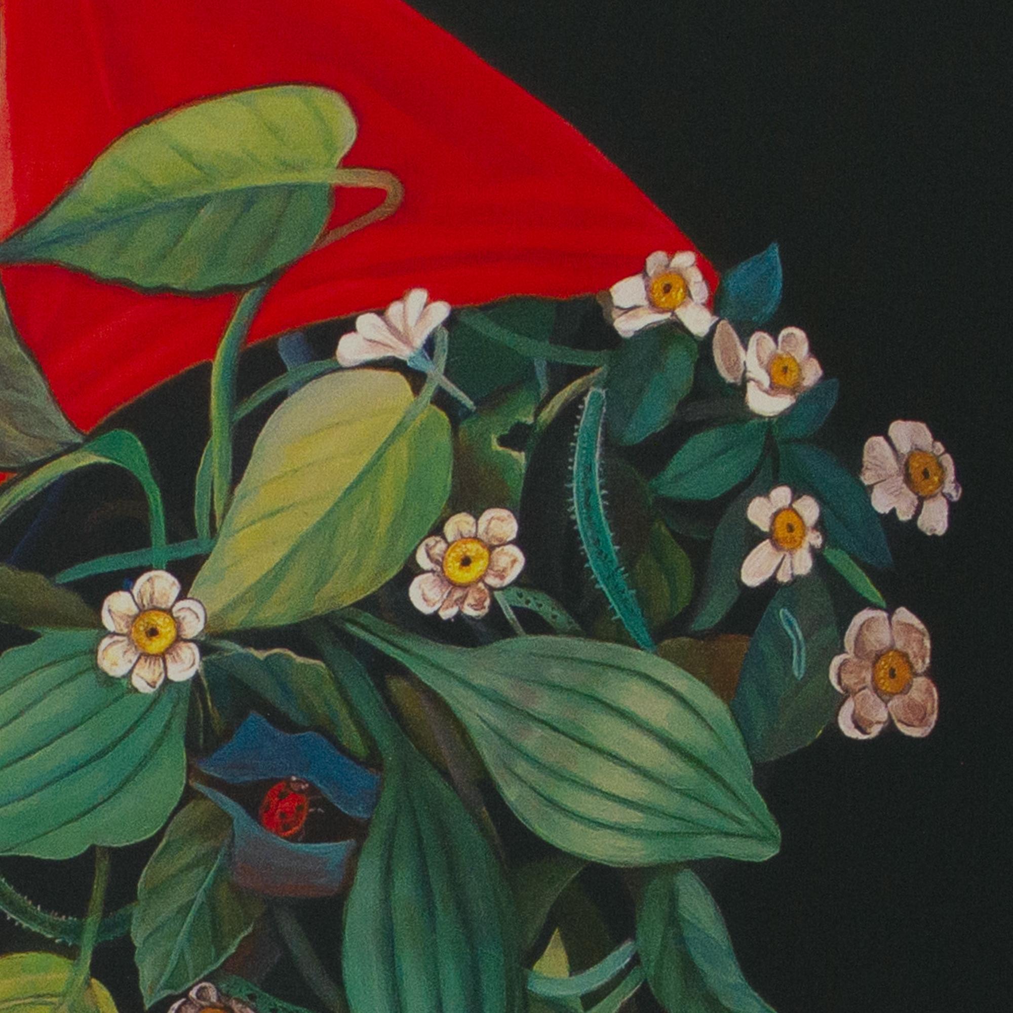 Retrato Floral con Sombrero Rojo y Lazo sobre Fondo Negro. Edición limitada de Dibond en venta 1