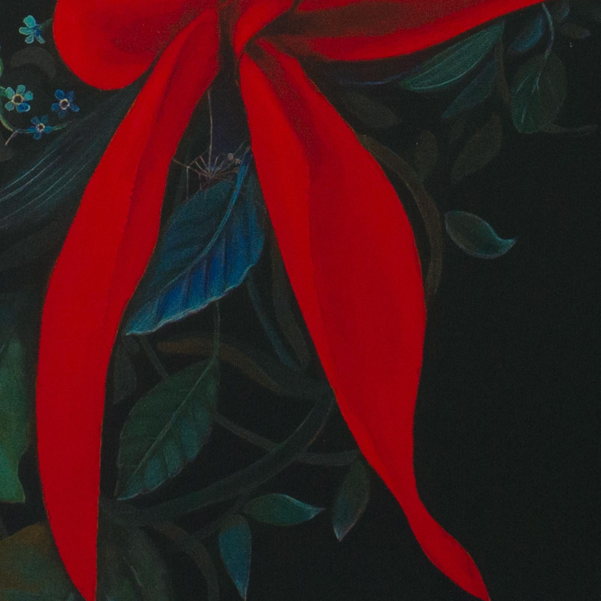 Retrato Floral con Sombrero Rojo y Lazo sobre Fondo Negro. Edición limitada de Dibond en venta 2