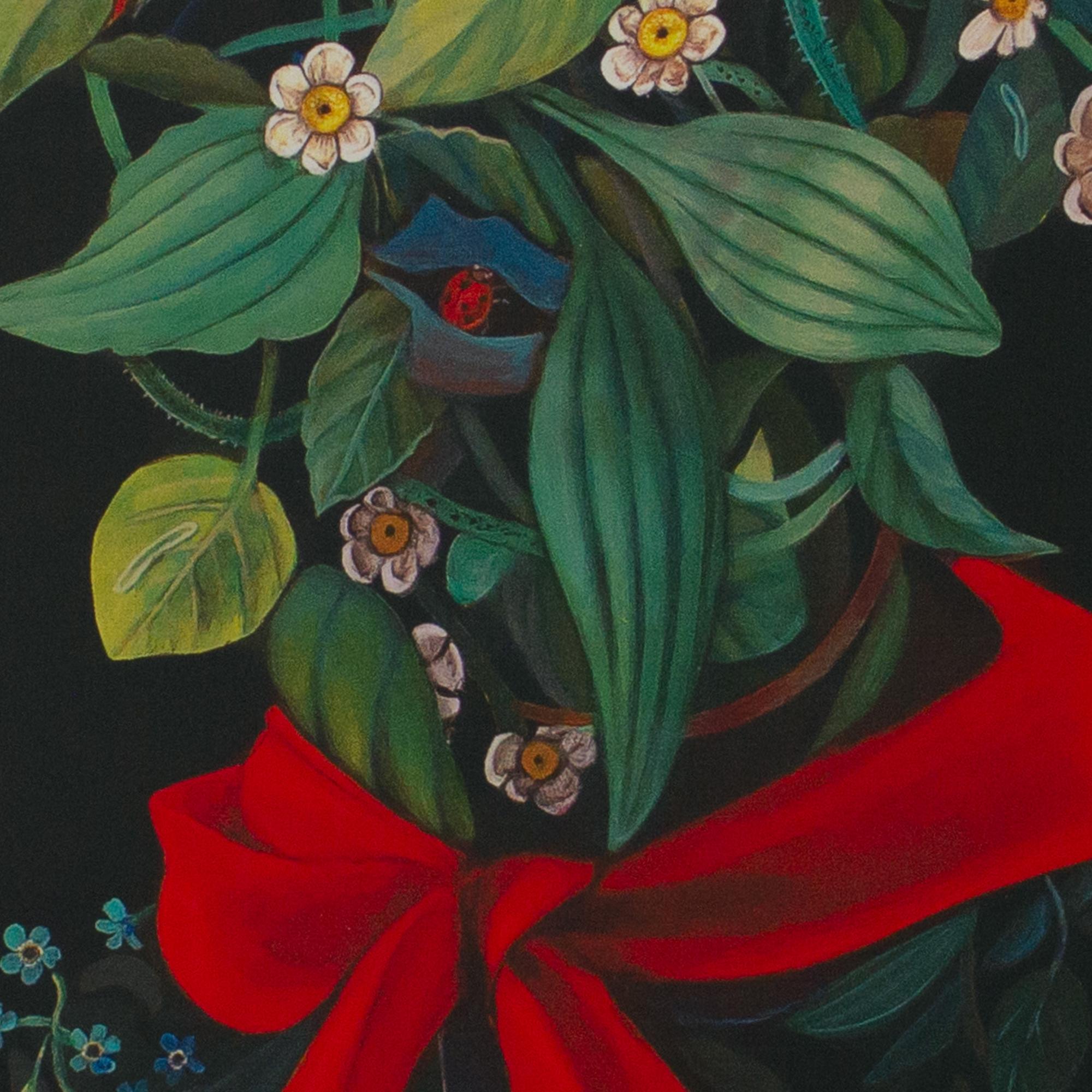 Retrato Floral con Sombrero Rojo y Lazo sobre Fondo Negro. Edición limitada de Dibond en venta 3