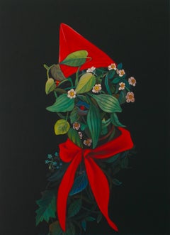 Portrait floral avec chapeau rouge et nœud sur fond noir. Dibond édition limitée