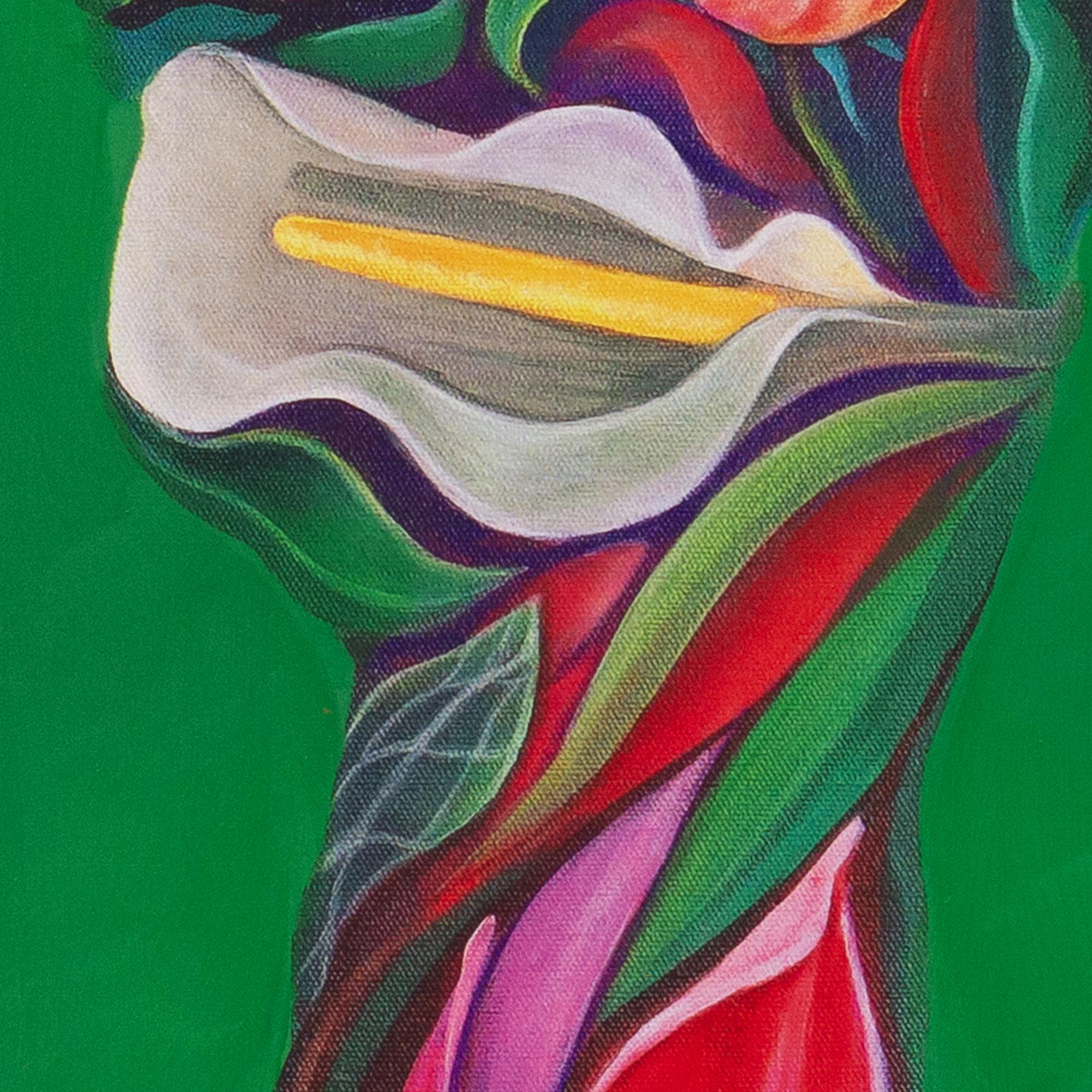 Floral Portrait with Tulip on Green Background - 25 Limited Edition Dibond Print For Sale 1