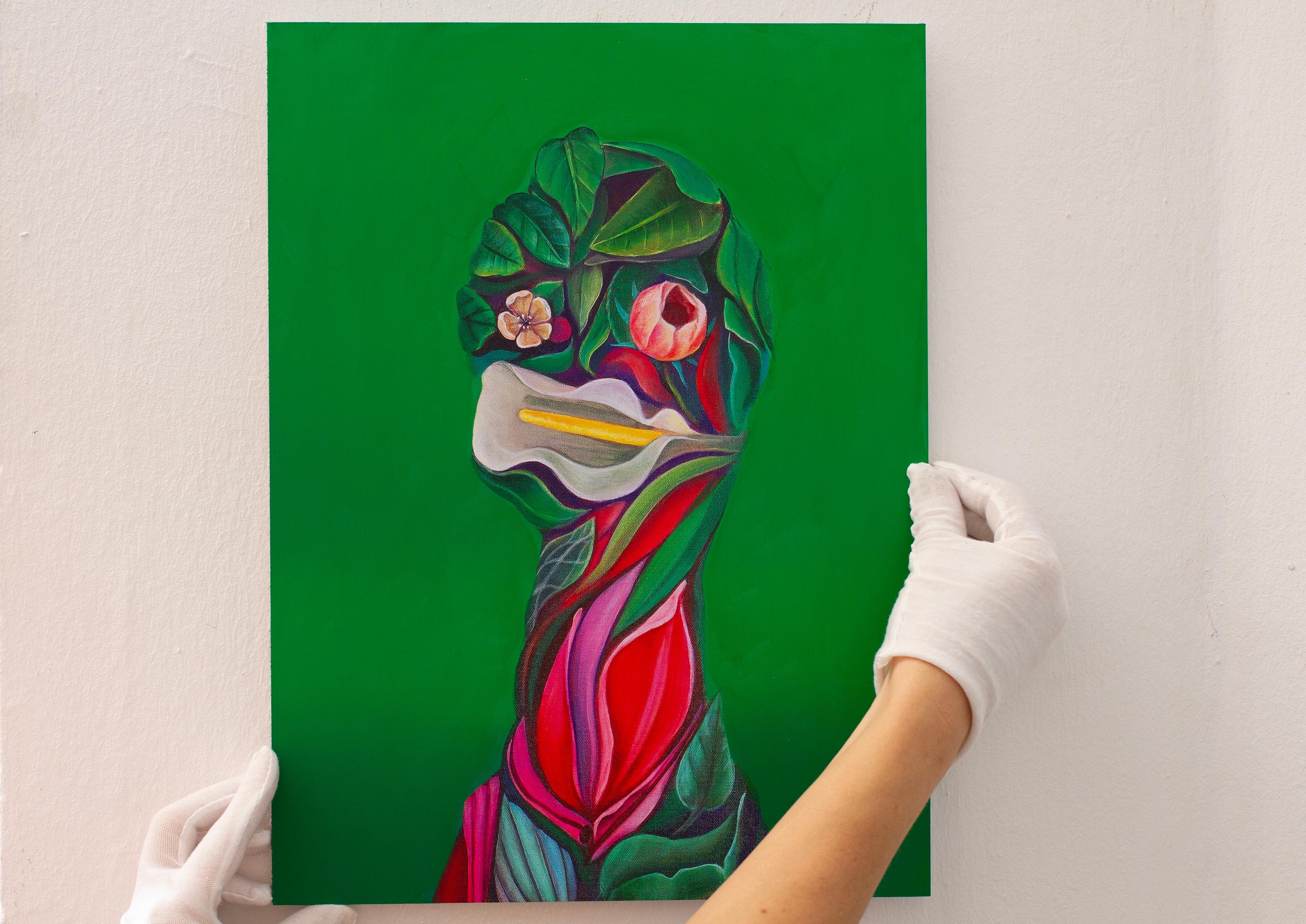 Floral Portrait with Tulip on Green Background - 25 Limited Edition Dibond Print For Sale 4