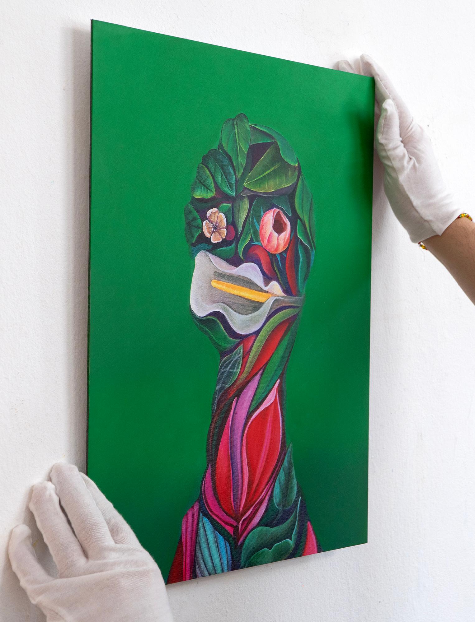 Floral Portrait with Tulip on Green Background - 25 Limited Edition Dibond Print For Sale 6