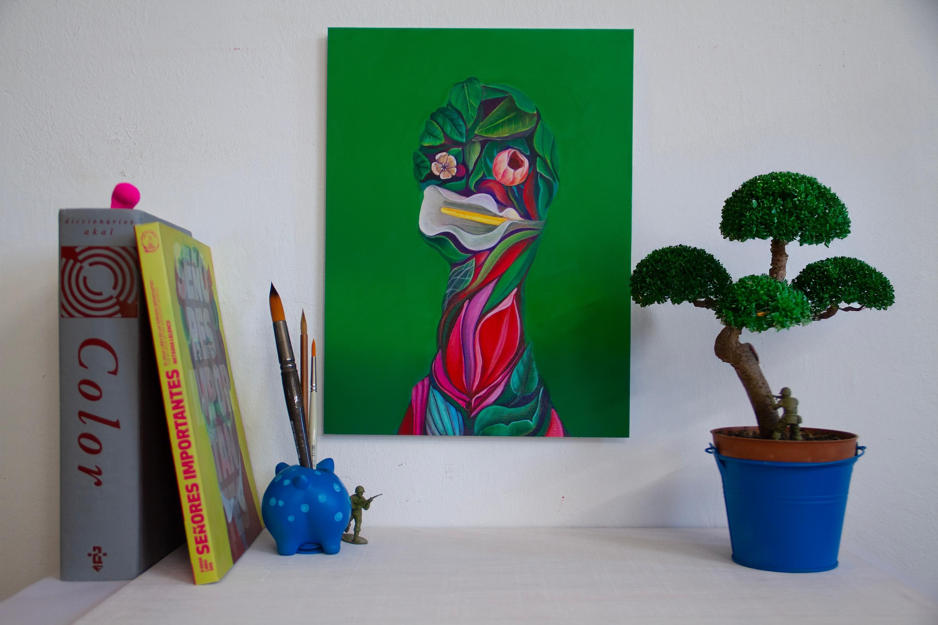 Floral Portrait with Tulip on Green Background - 25 Limited Edition Dibond Print For Sale 9
