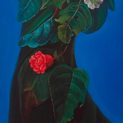 Floral Silhouette with Camellia on Blue Background. Limited Edition Dibond Print