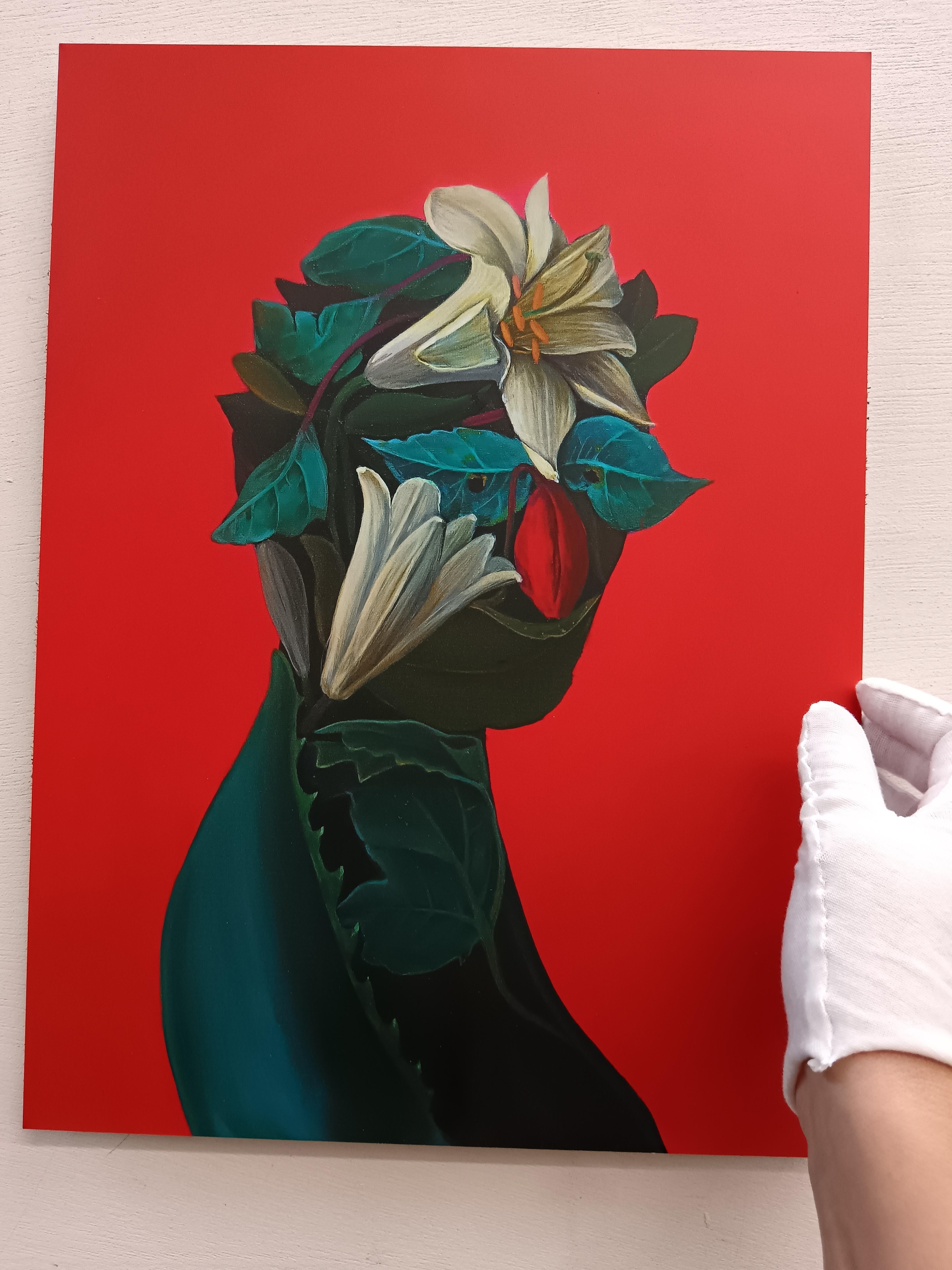 Floral Silhouette with White Lilies on Red Background. Limited Edition 25/25 - Print by Natasha Lelenco