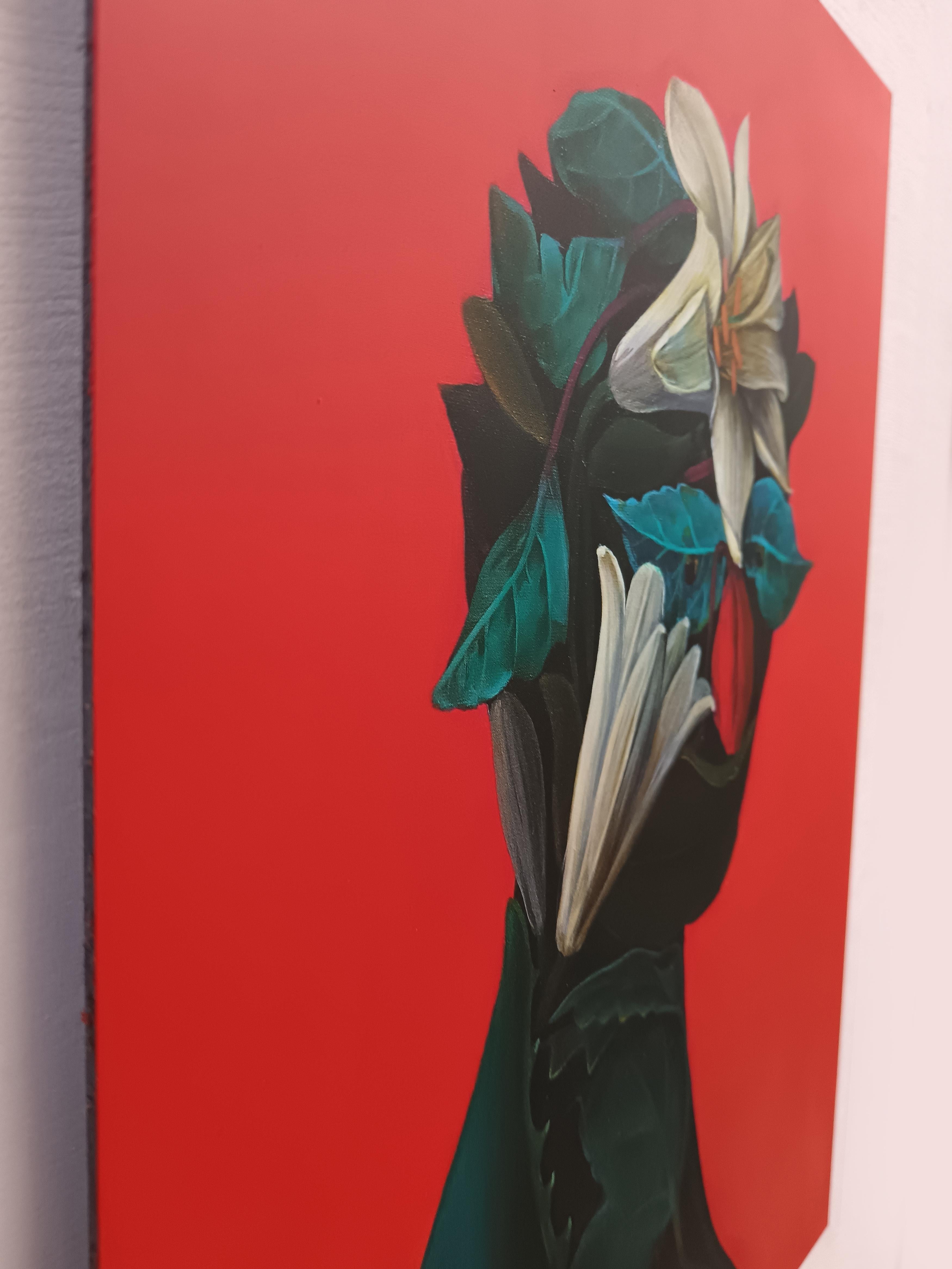 Floral Silhouette with White Lilies on Red Background. Limited Edition 25/25 - Contemporary Print by Natasha Lelenco