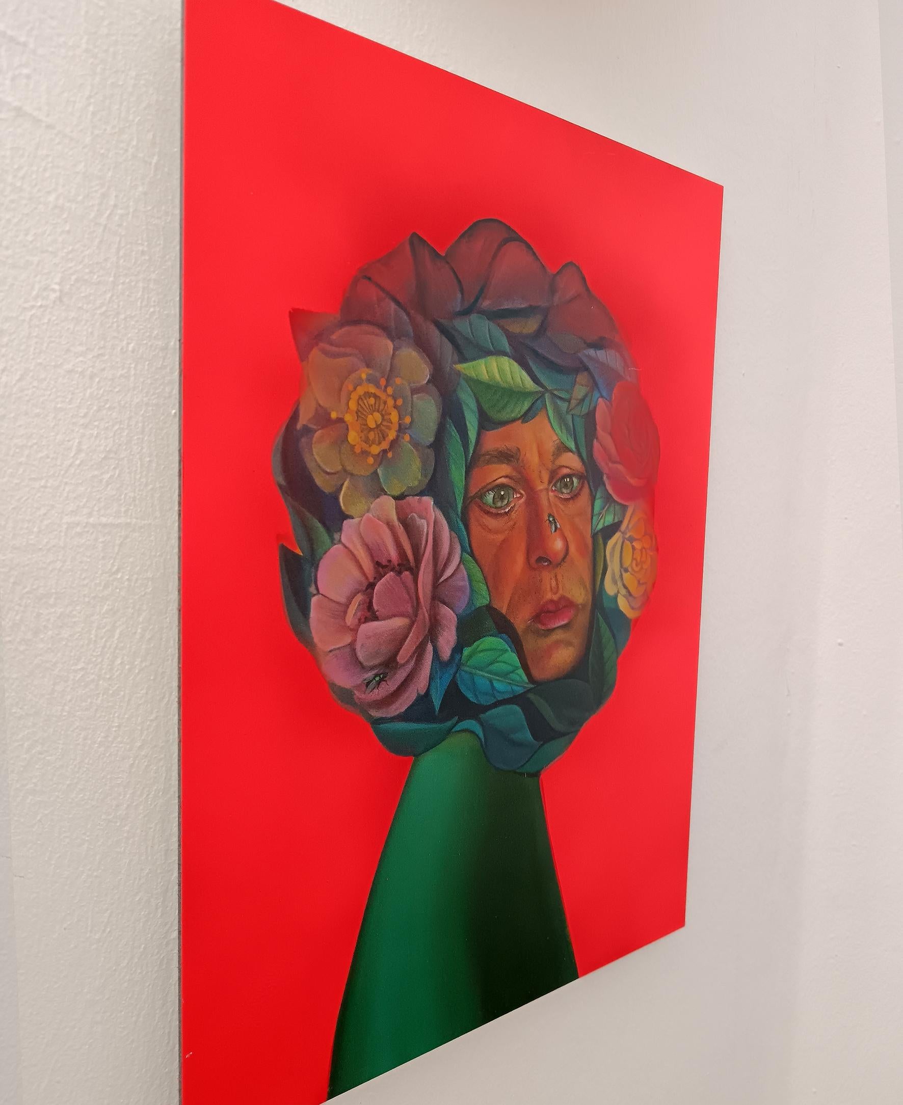 Fluor Funny Portrait. Between Blooms and Beings - Limited Edition - Red Portrait Print by Natasha Lelenco