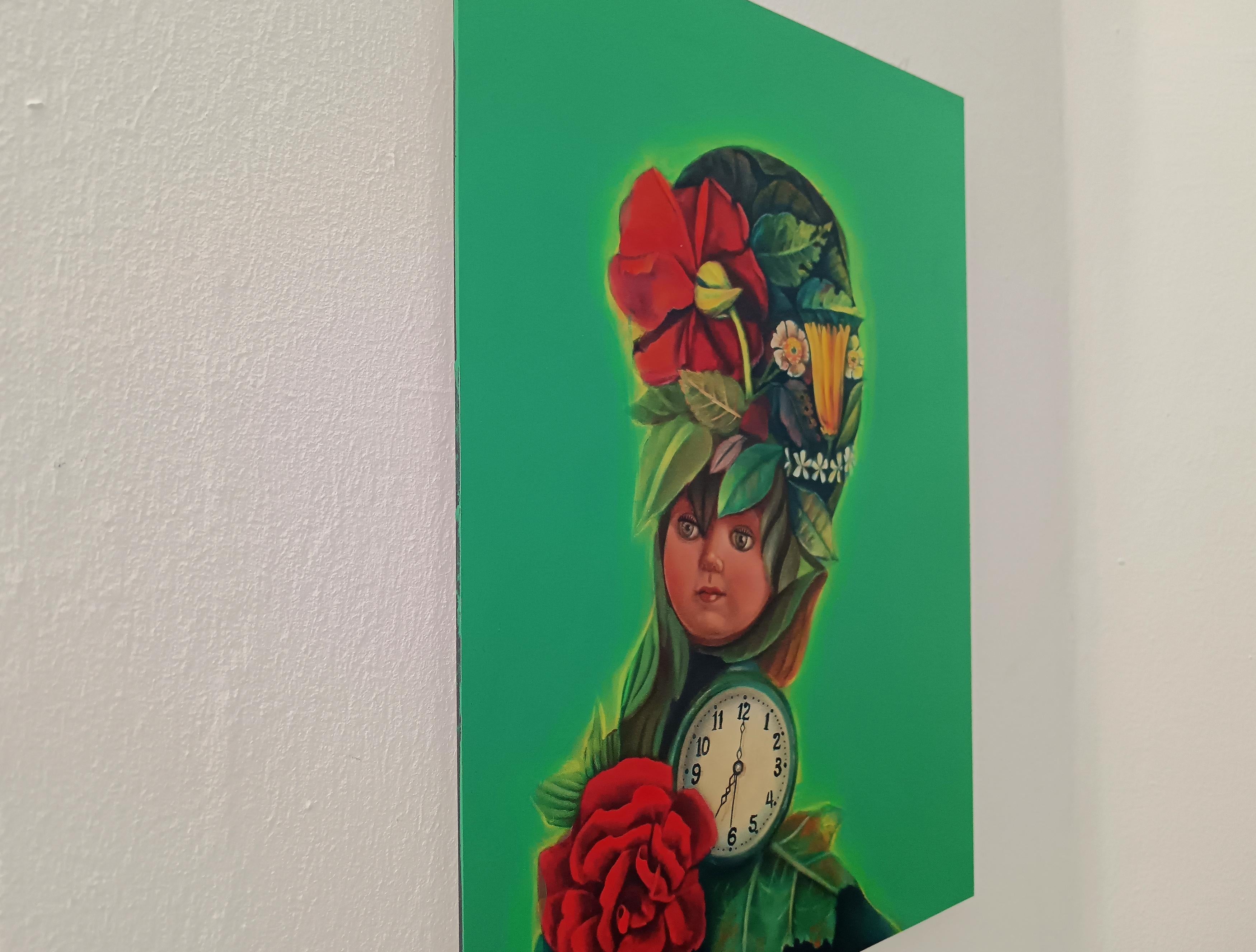 Kitsch Floral Portrait Composition. Fetishes Series. Limited Edition 24/25 - Green Portrait Print by Natasha Lelenco